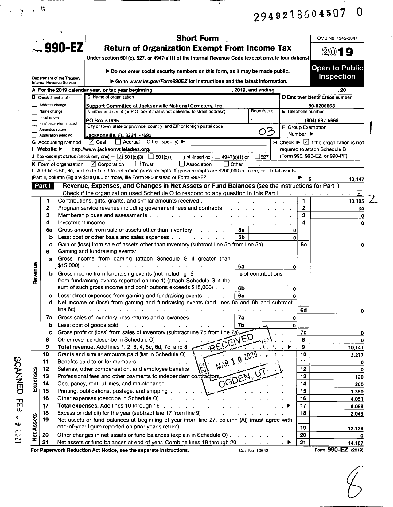 Image of first page of 2019 Form 990EZ for Support Committee at Jacksonville National Cemetery