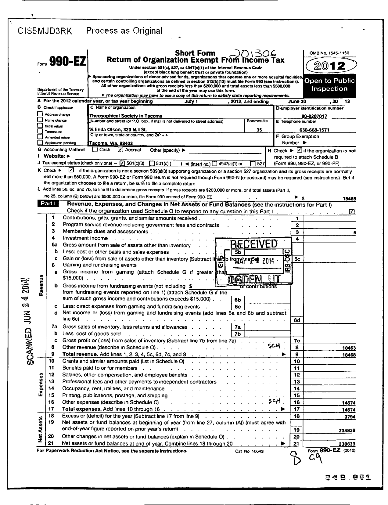 Image of first page of 2012 Form 990EZ for Theosophical Society in Tacoma