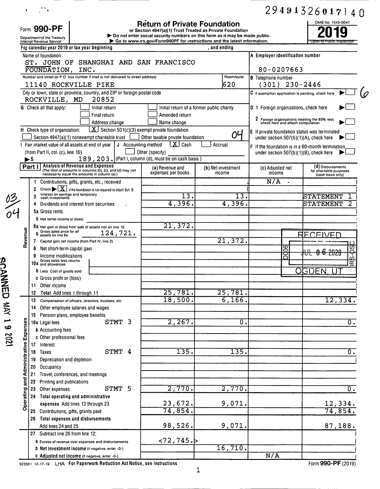 Image of first page of 2019 Form 990PF for St John of Shanghai and San Francisco Foundation