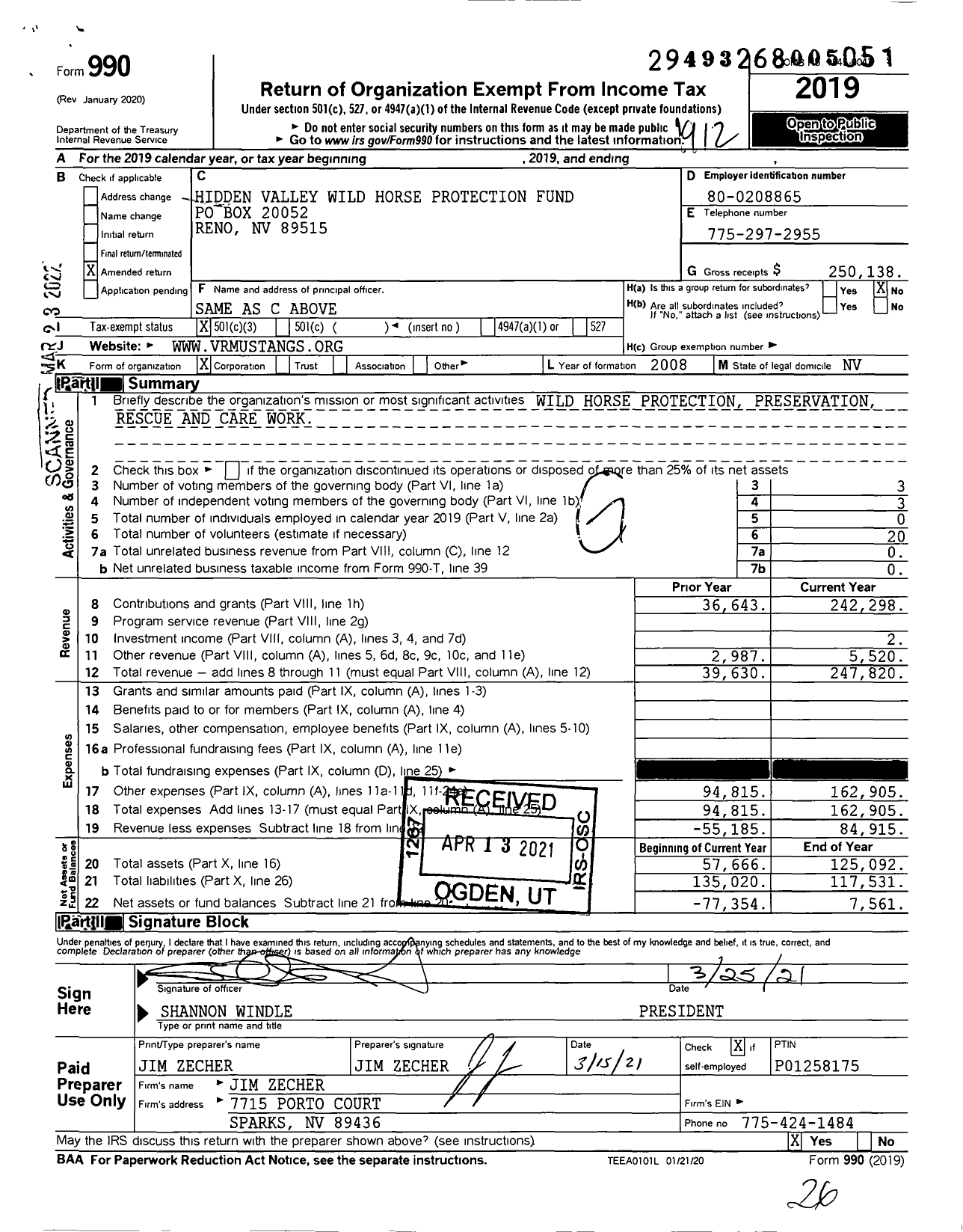 Image of first page of 2019 Form 990 for Hidden Valley Wild Horse Protection Fund