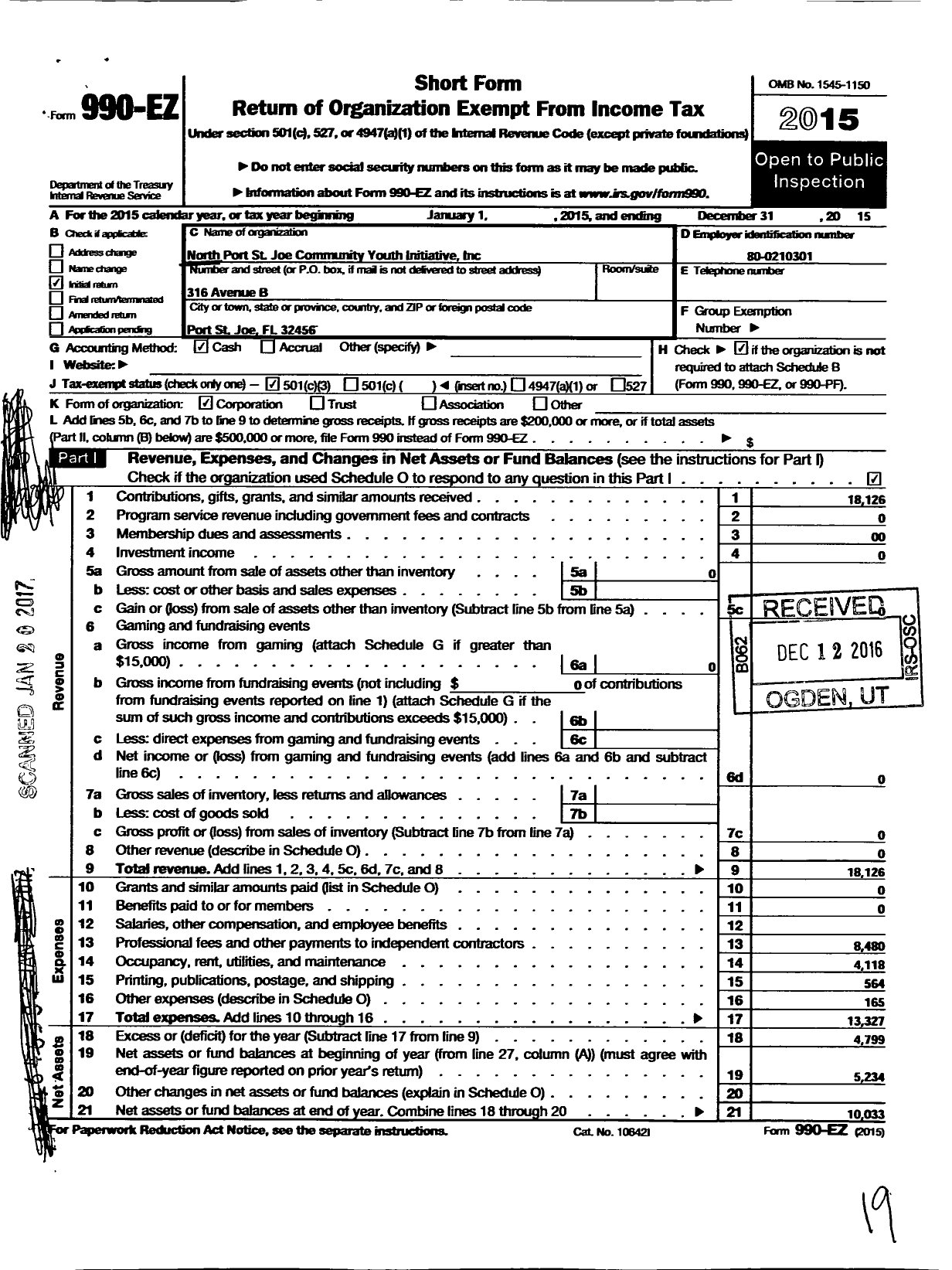 Image of first page of 2015 Form 990EZ for North Port St Joe Community Youth Initiative