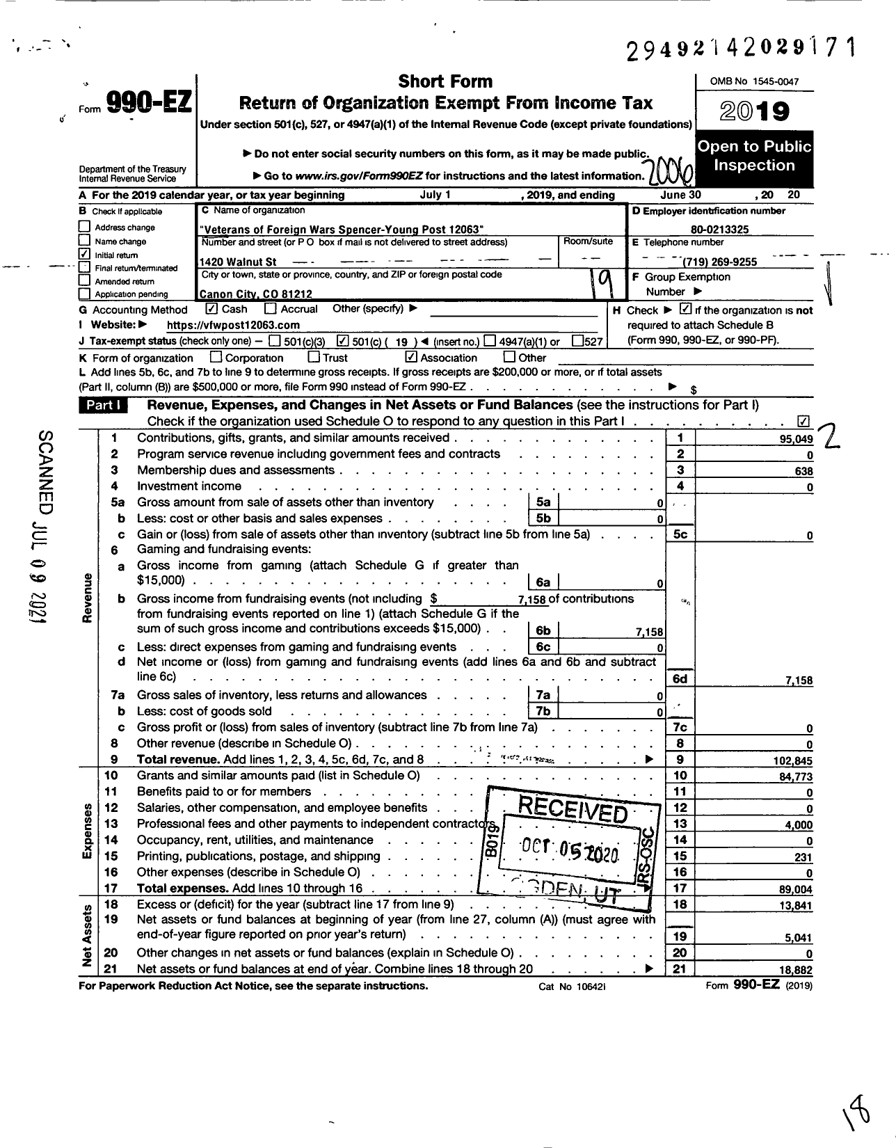 Image of first page of 2019 Form 990EO for Veterans of Foreign Wars of the United States Dept of Colorado - 12063 Spencer Young VFW Post