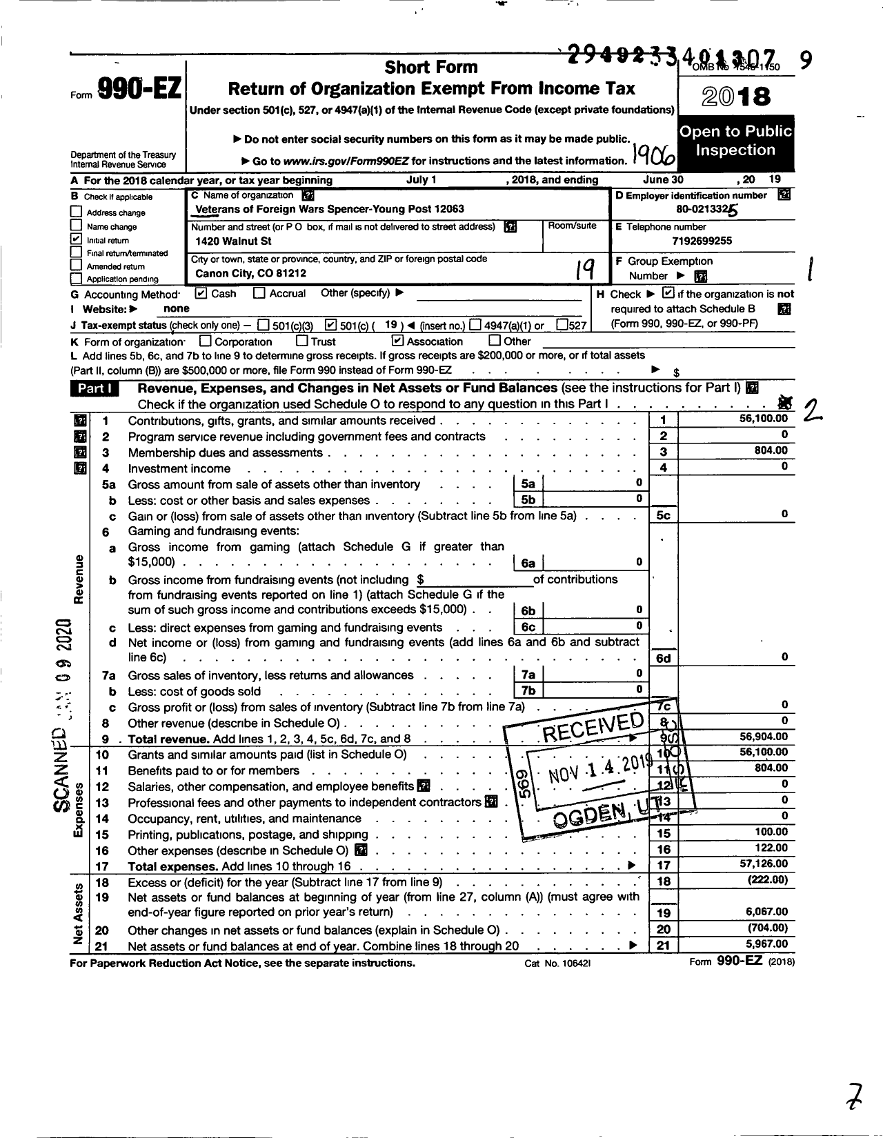 Image of first page of 2018 Form 990EO for Veterans of Foreign Wars of the United States Dept of Colorado - 12063 Spencer Young VFW Post