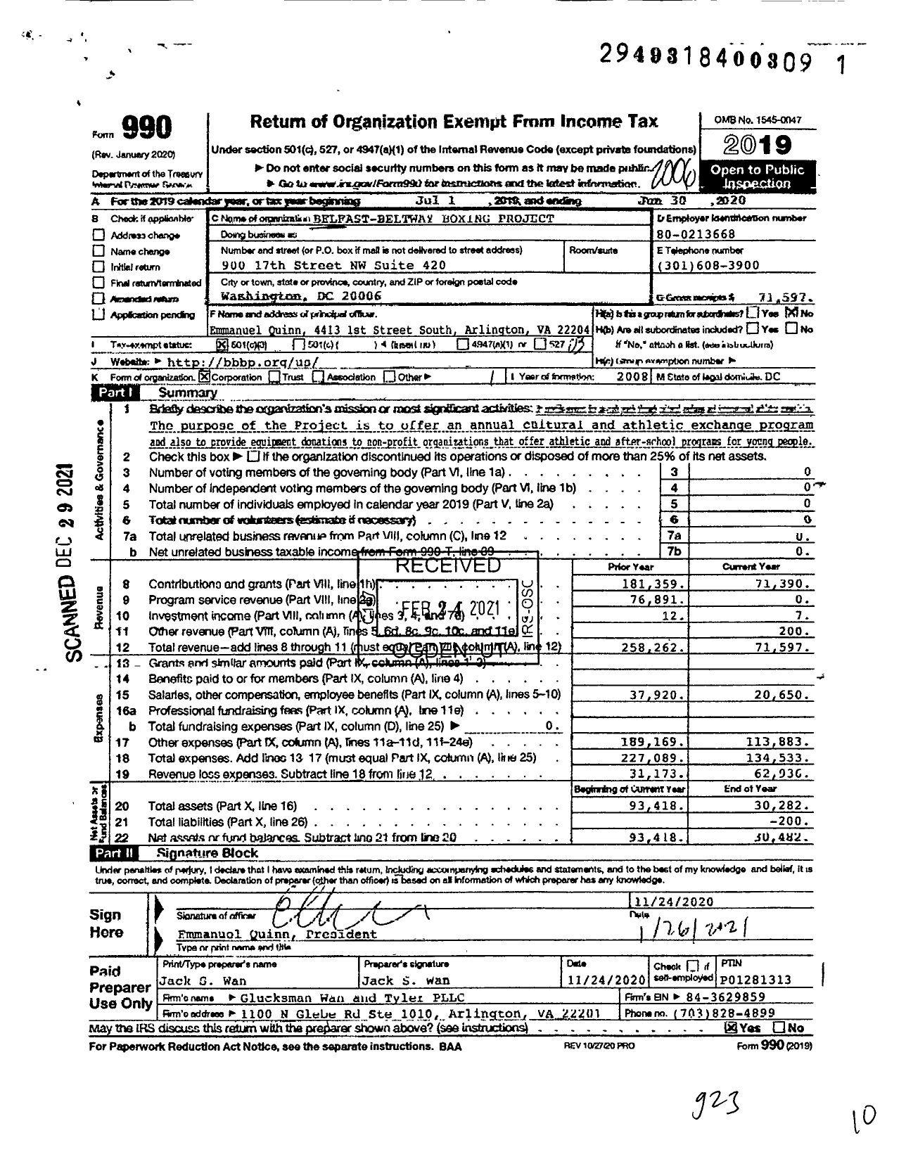 Image of first page of 2019 Form 990 for Belfast-Beltway Boxing Project