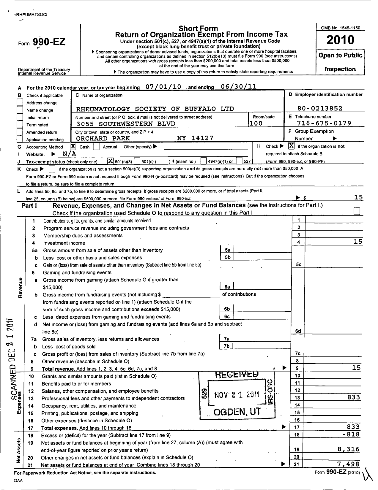 Image of first page of 2010 Form 990EZ for Rheumatology Society of Buffalo