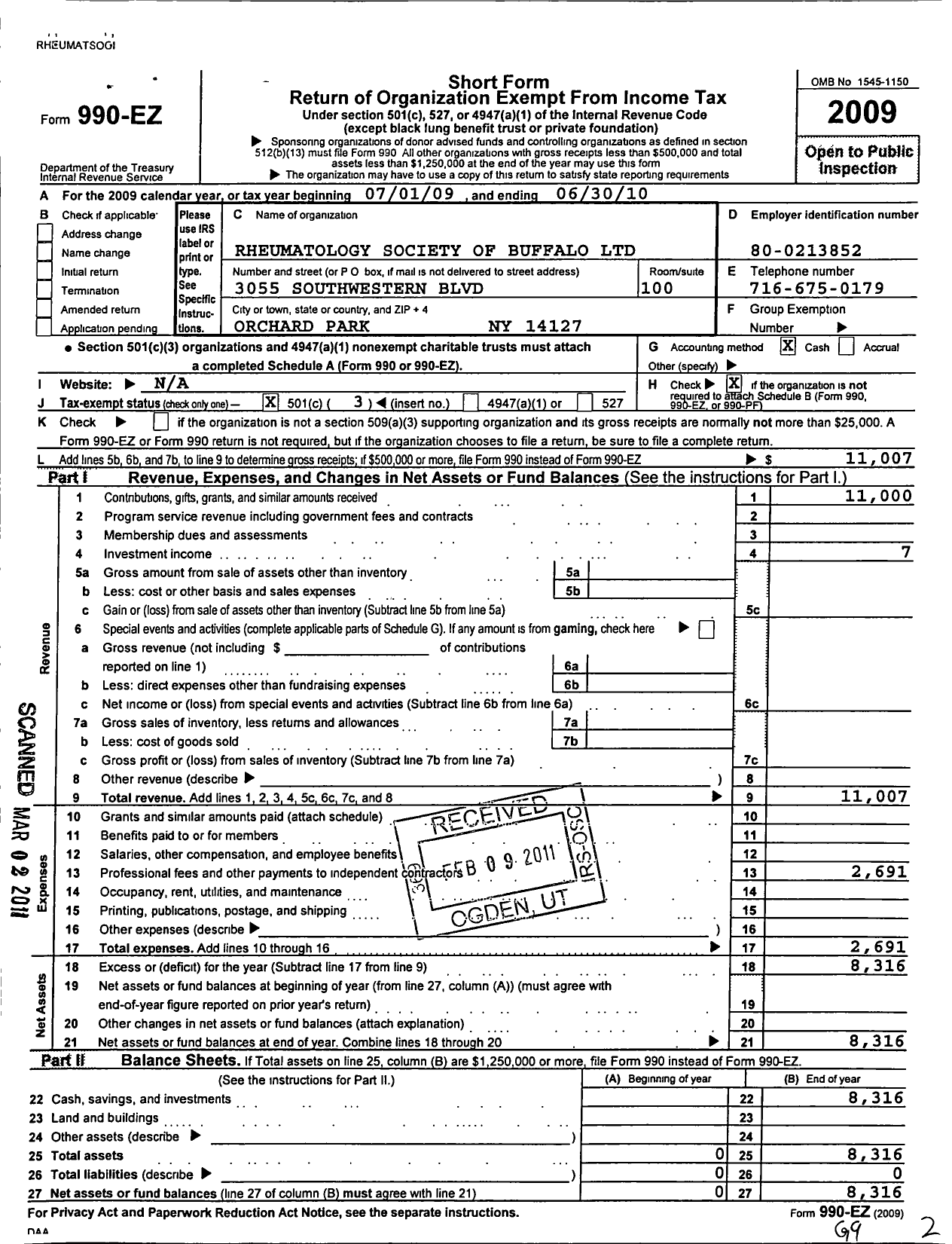 Image of first page of 2009 Form 990EZ for Rheumatology Society of Buffalo