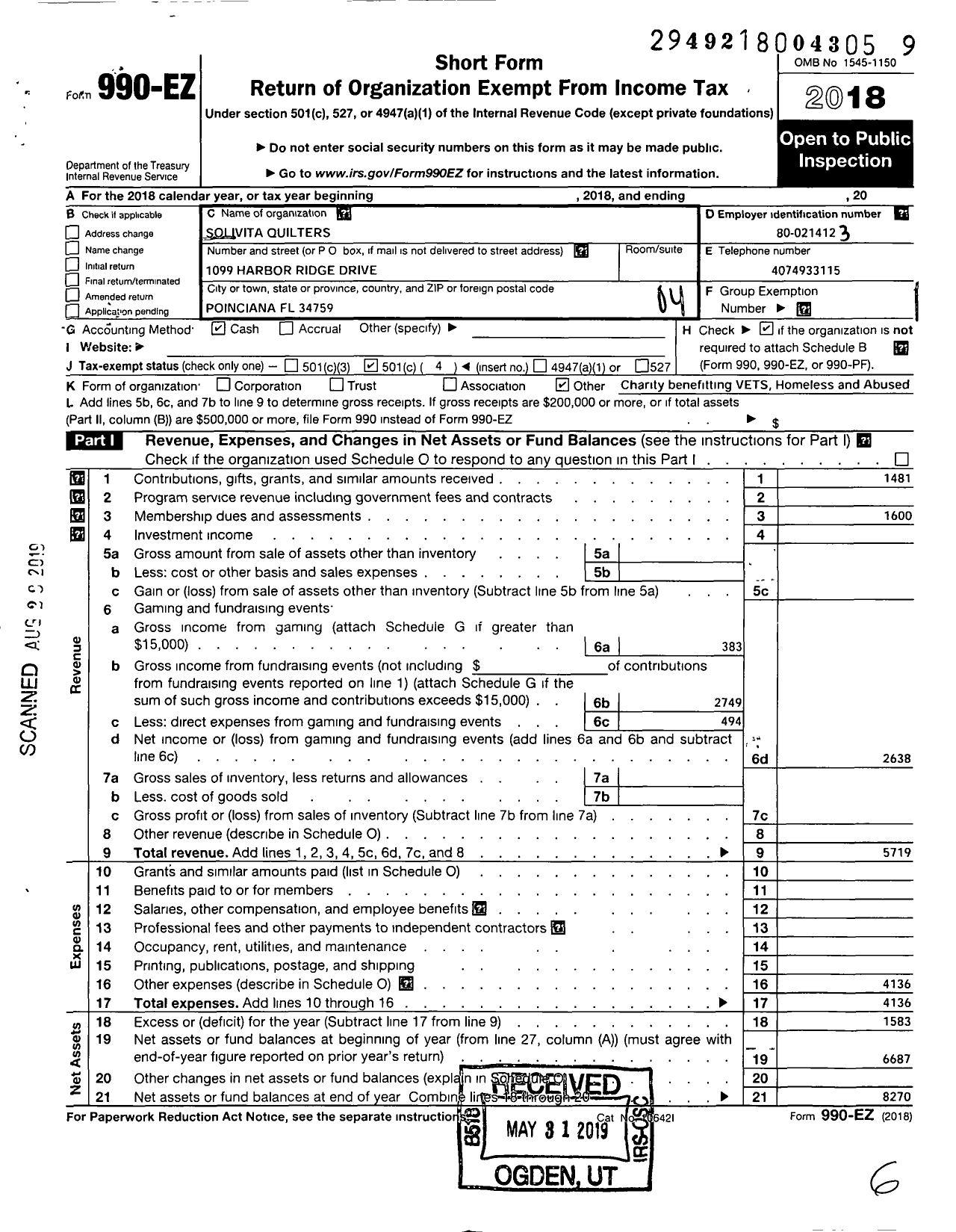 Image of first page of 2018 Form 990EO for Solivita Quilters