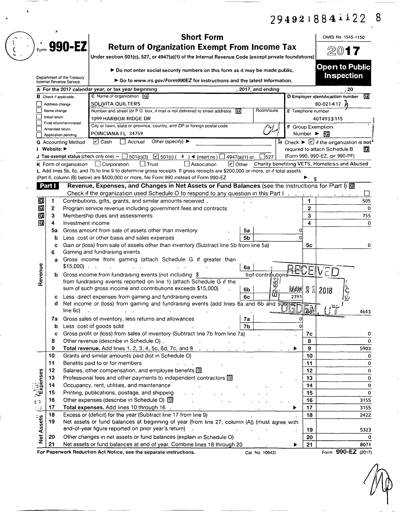 Image of first page of 2017 Form 990EO for Solivita Quilters