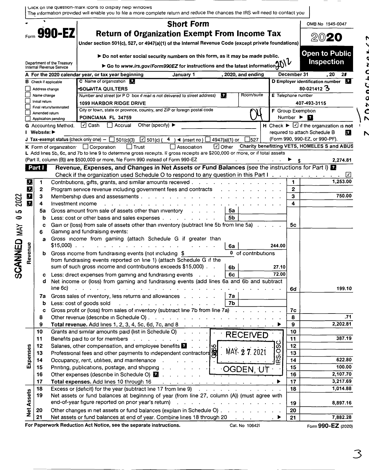 Image of first page of 2020 Form 990EO for Solivita Quilters