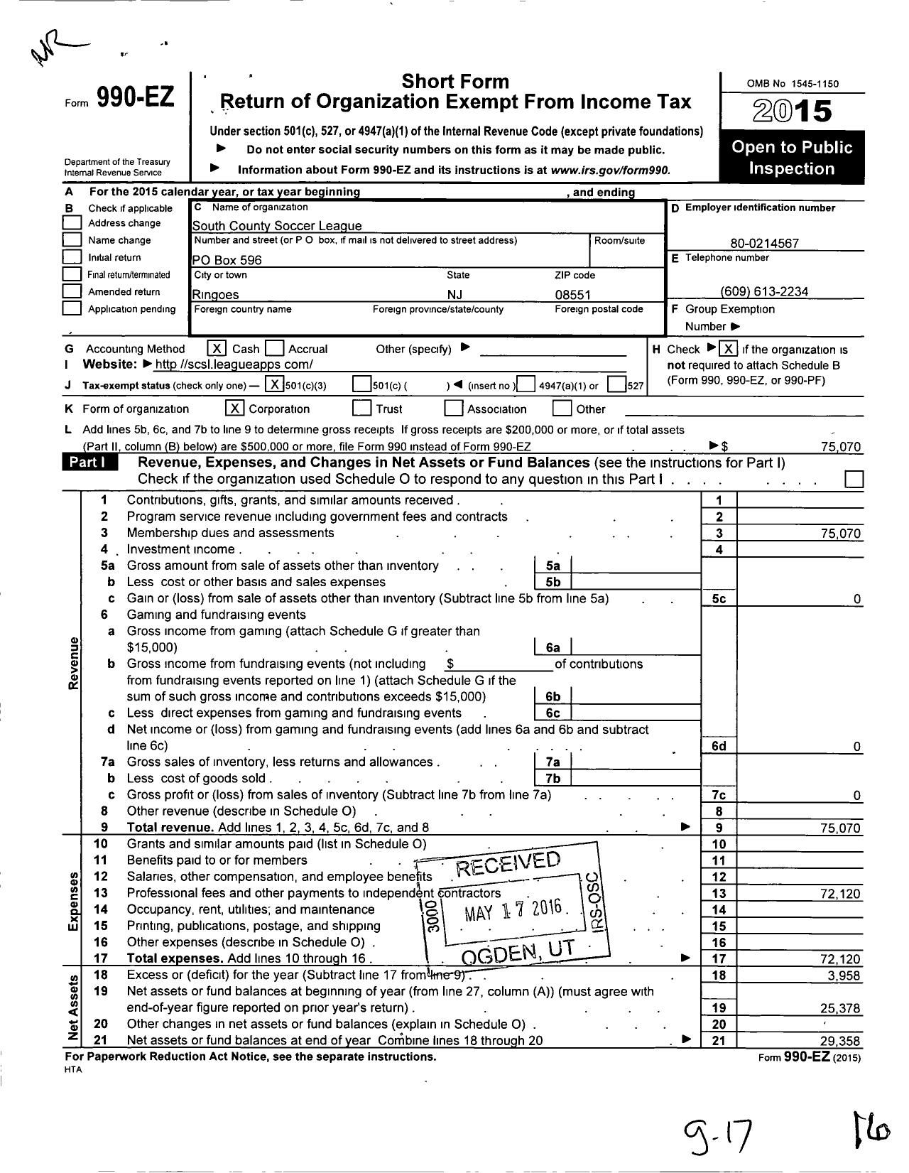 Image of first page of 2015 Form 990EZ for South County Soccer League