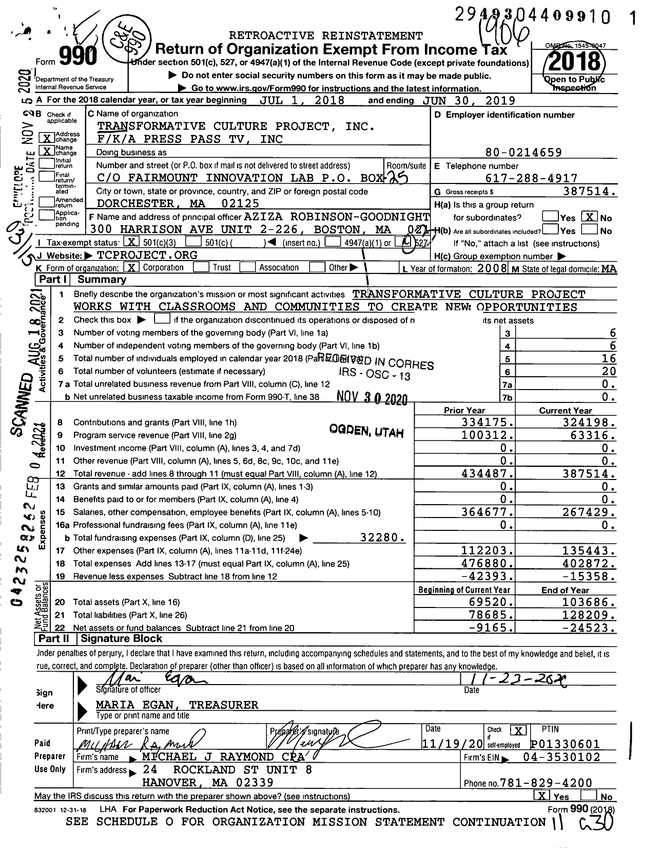 Image of first page of 2018 Form 990 for Transformative Culture Project