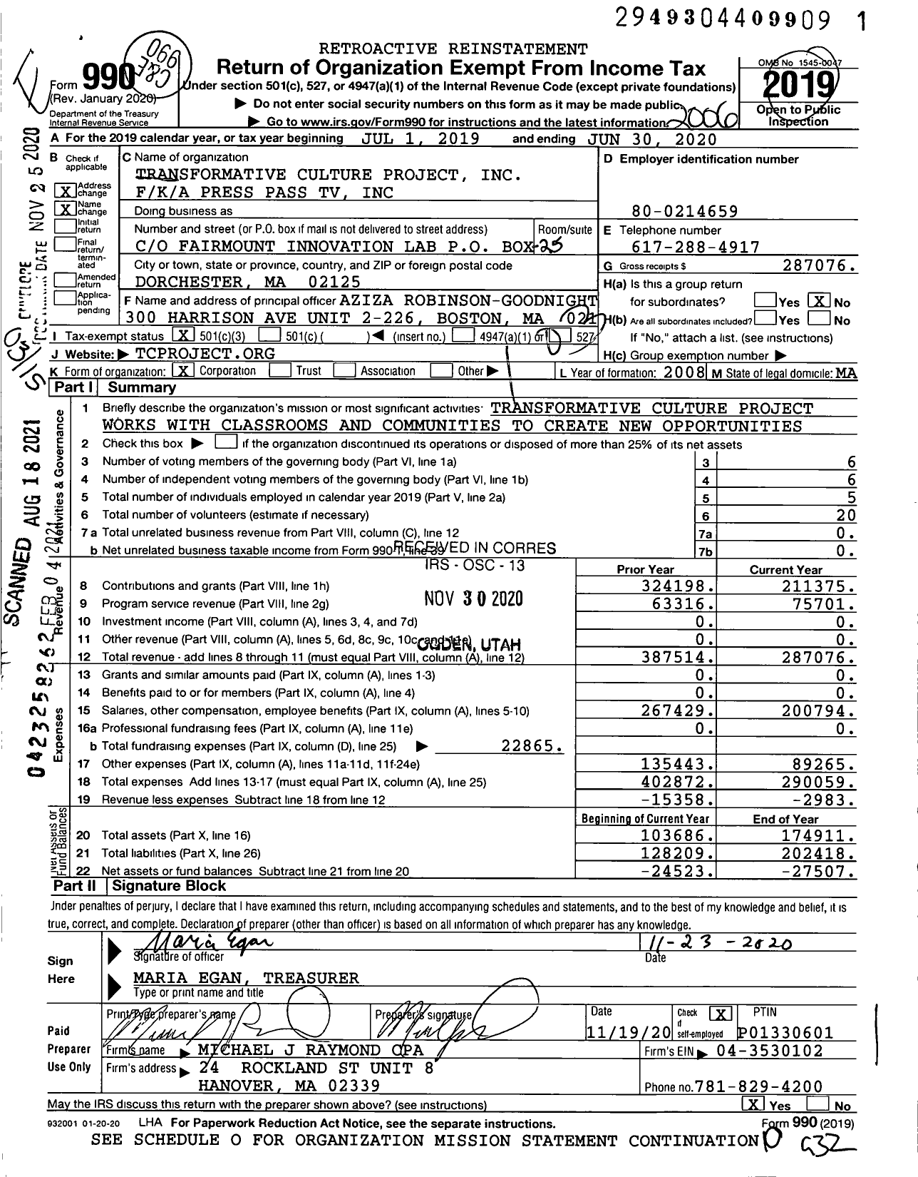 Image of first page of 2019 Form 990 for Transformative Culture Project