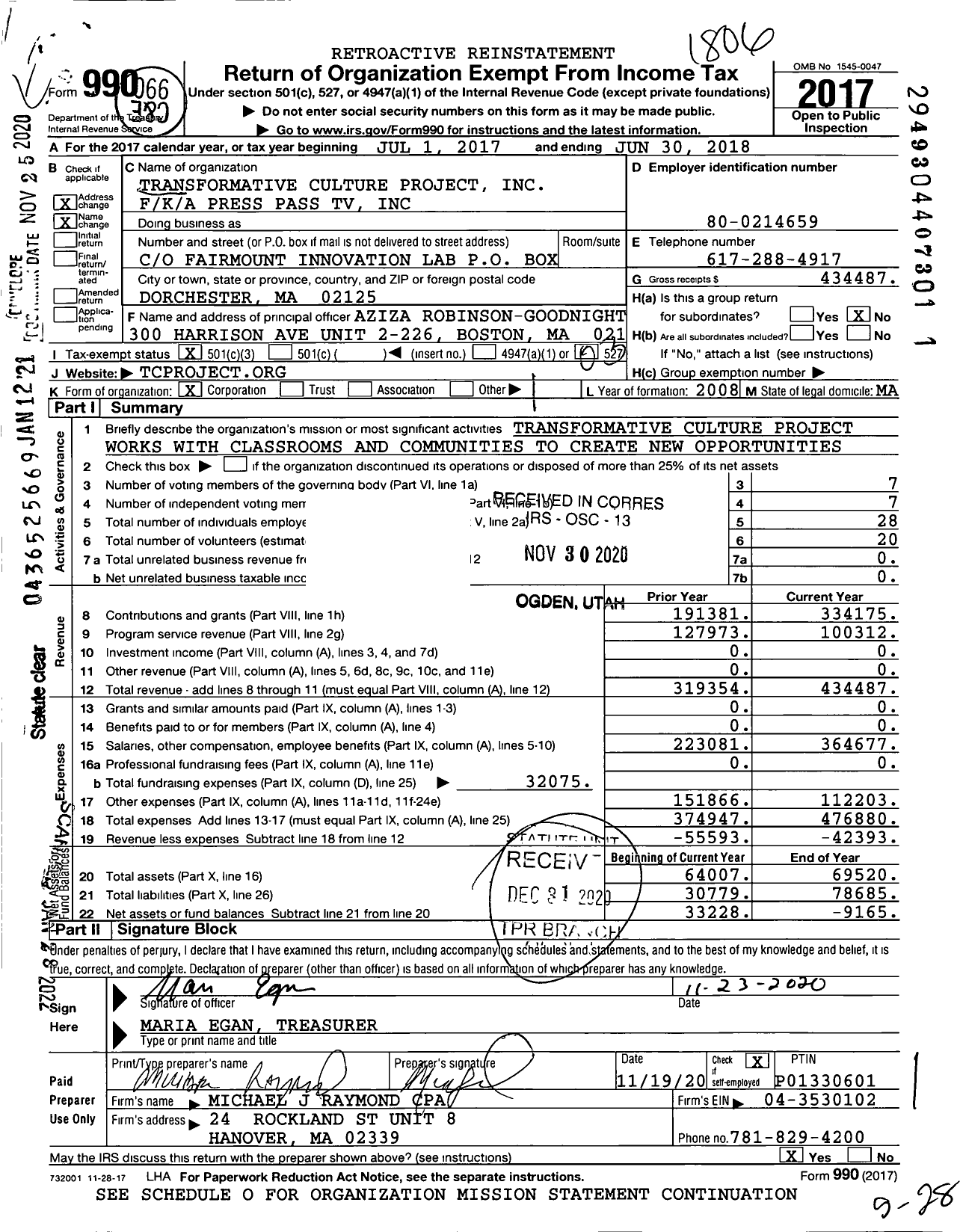 Image of first page of 2017 Form 990 for Transformative Culture Project