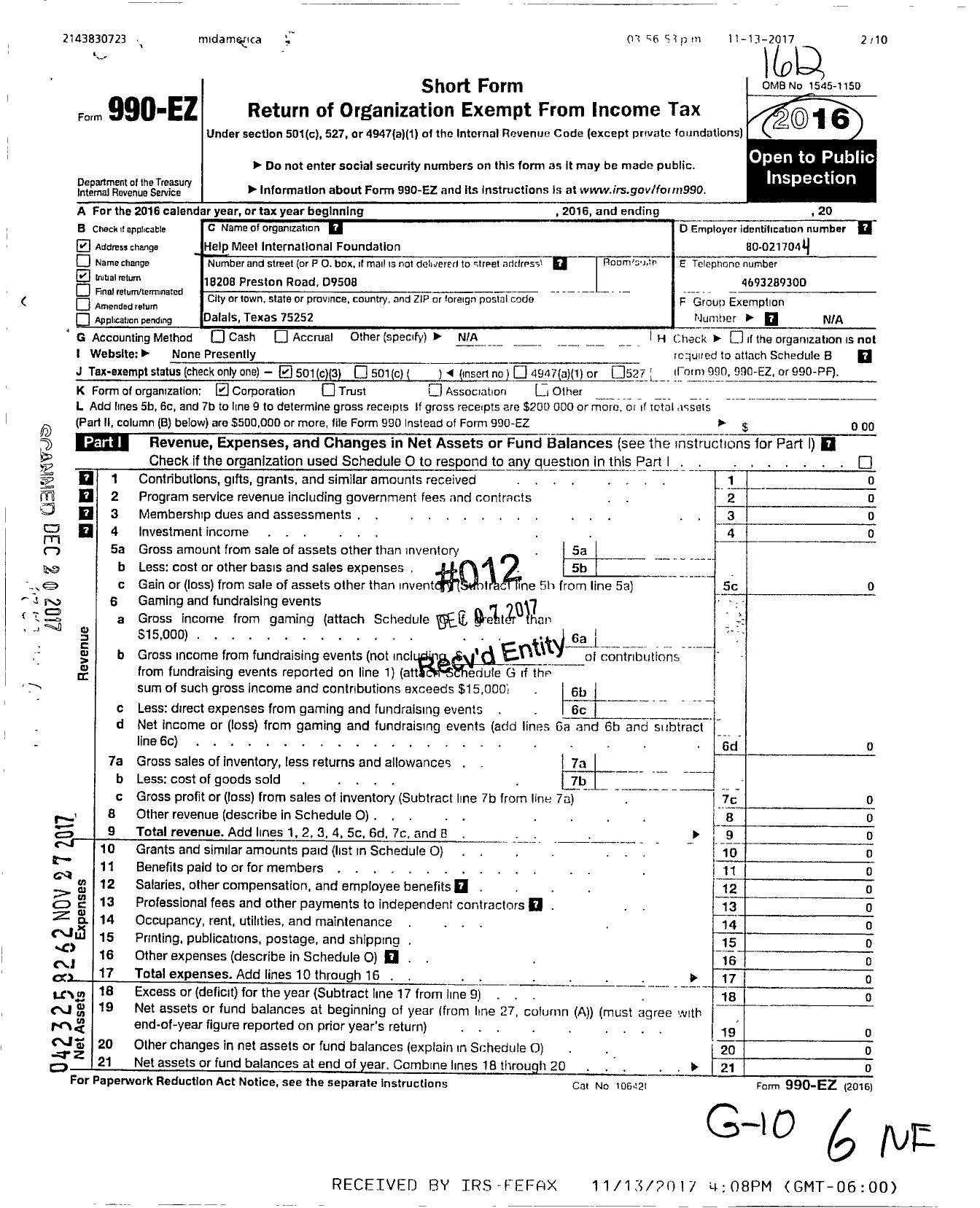 Image of first page of 2016 Form 990EZ for Help Meet International Foundation