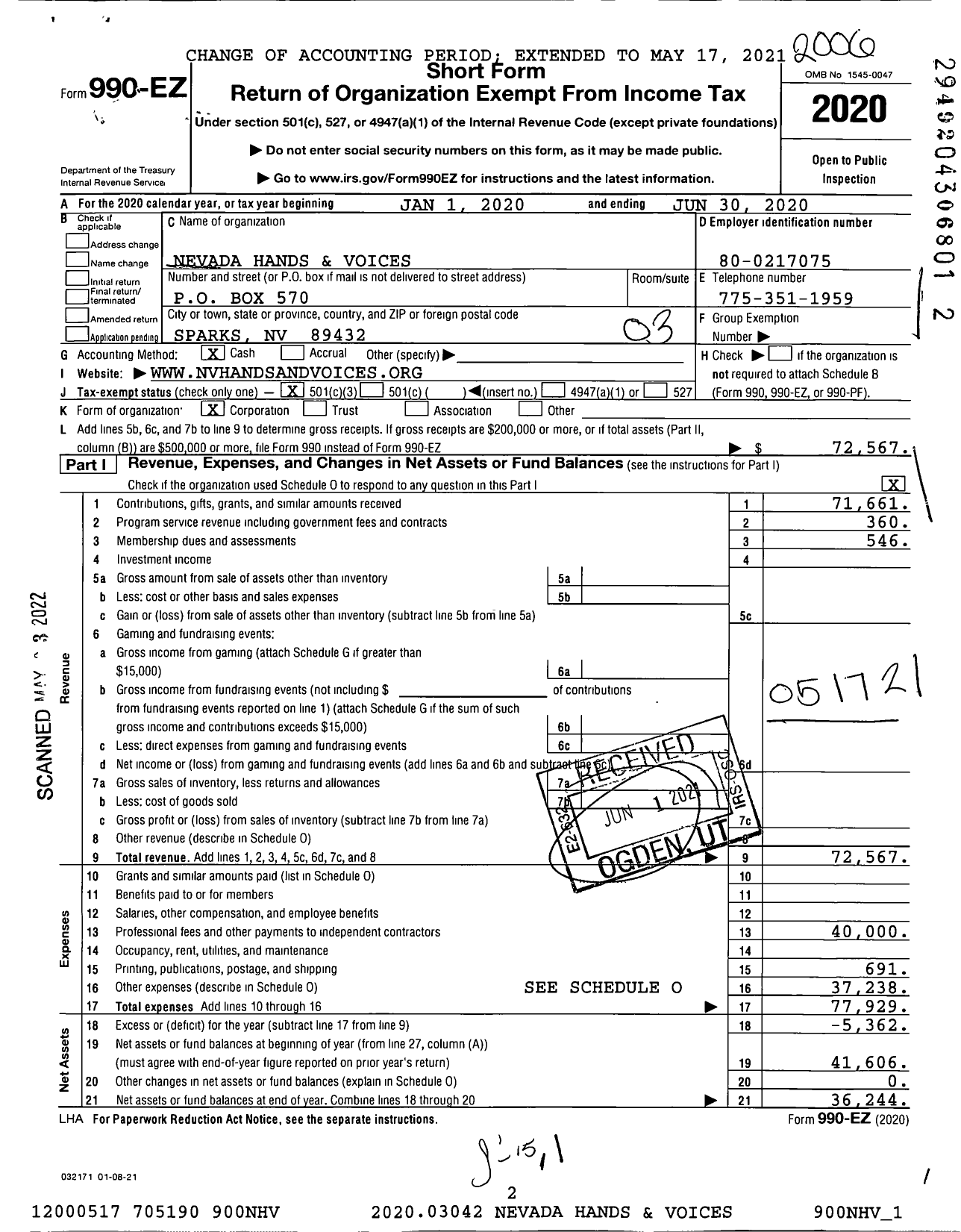 Image of first page of 2019 Form 990EZ for Nevada Hands & Voices