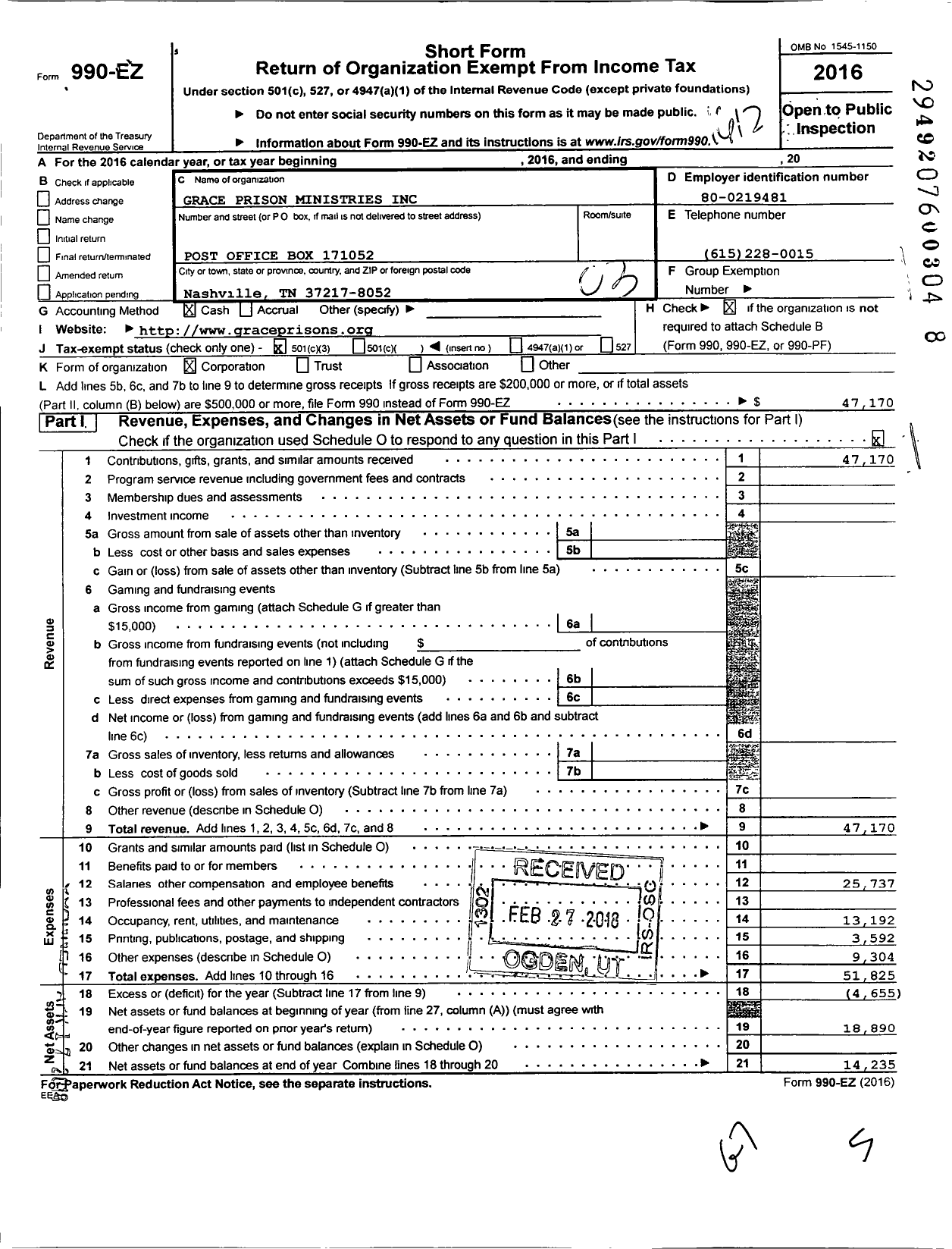 Image of first page of 2016 Form 990EZ for Grace Prison Ministries