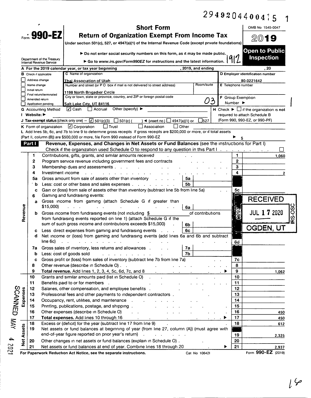 Image of first page of 2019 Form 990EZ for Thai Association of Utah