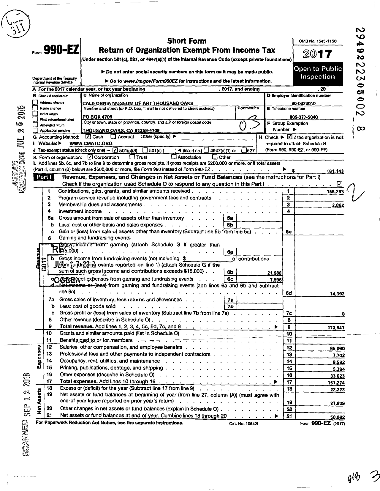 Image of first page of 2017 Form 990EZ for California Museum of Art Thousand Oaks (CMATO)