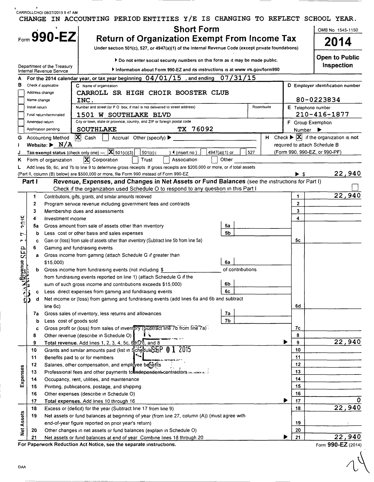 Image of first page of 2014 Form 990EZ for Carroll Senior High Choir Booster Club