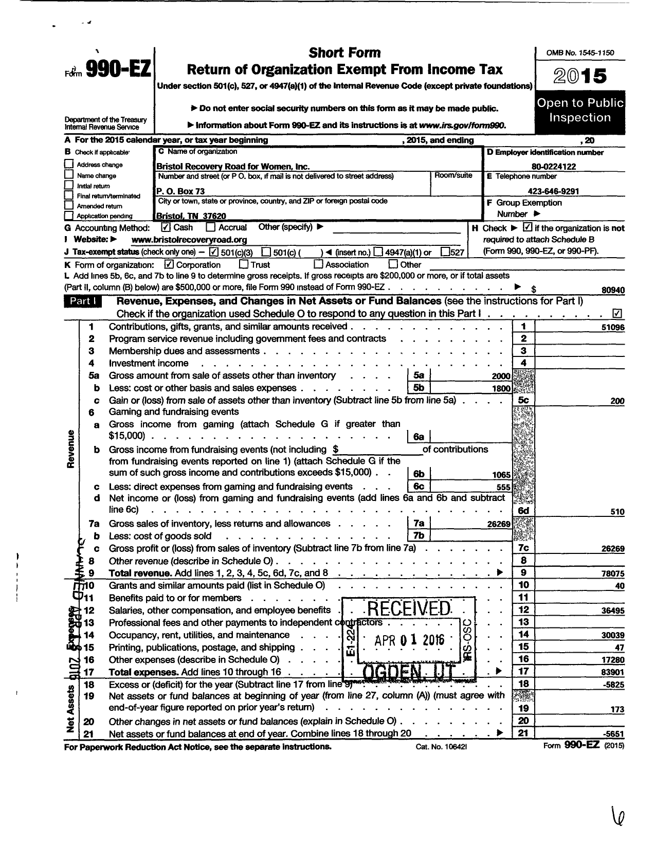 Image of first page of 2015 Form 990EZ for Bristol Recovery Road for Women Incorporated