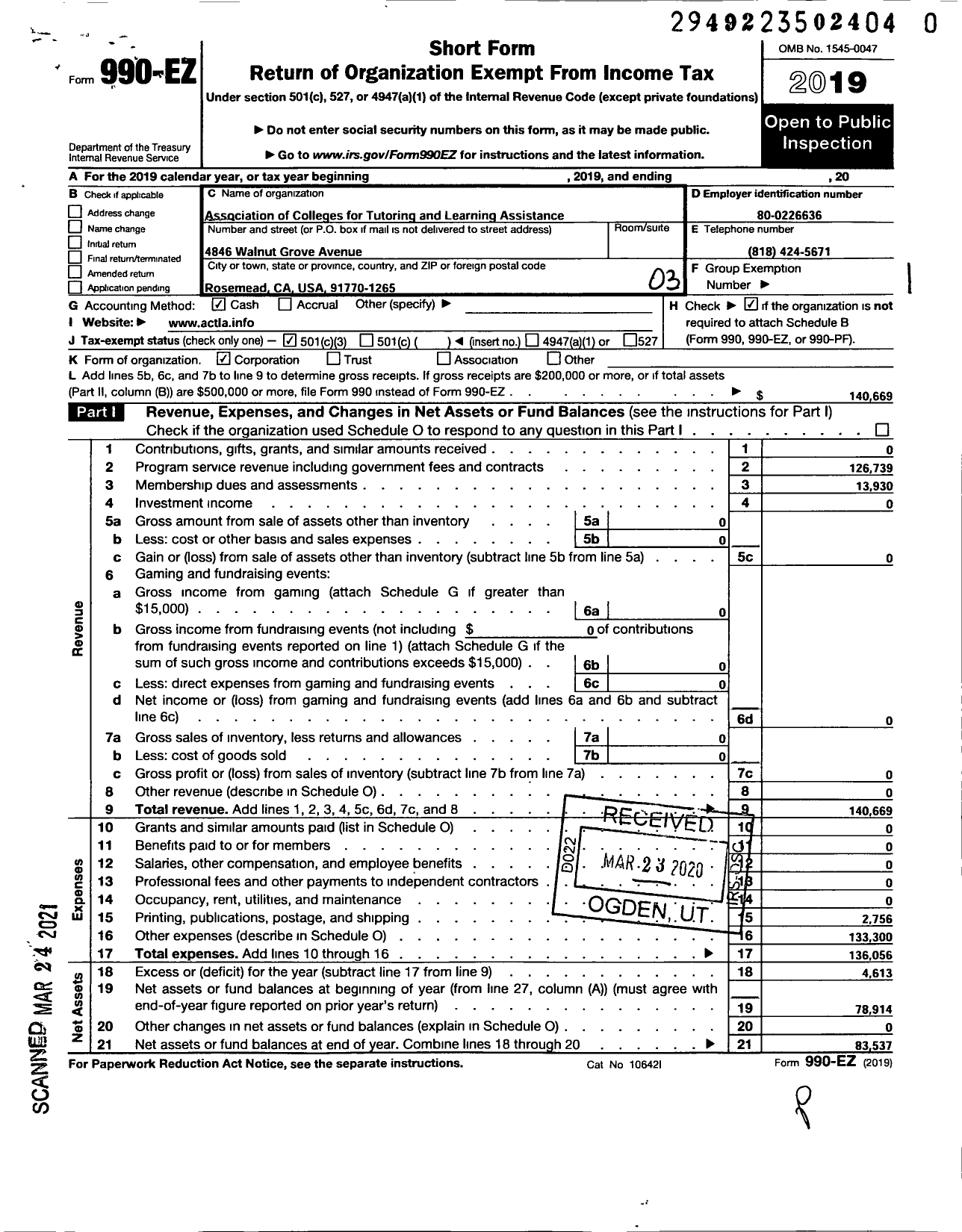 Image of first page of 2019 Form 990EZ for Association of Colleges for Tutoring and Learning Assistance