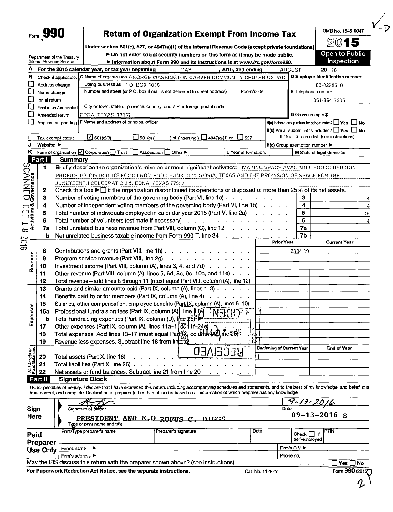 Image of first page of 2015 Form 990 for George Washington Carver Community Center of Jackson County