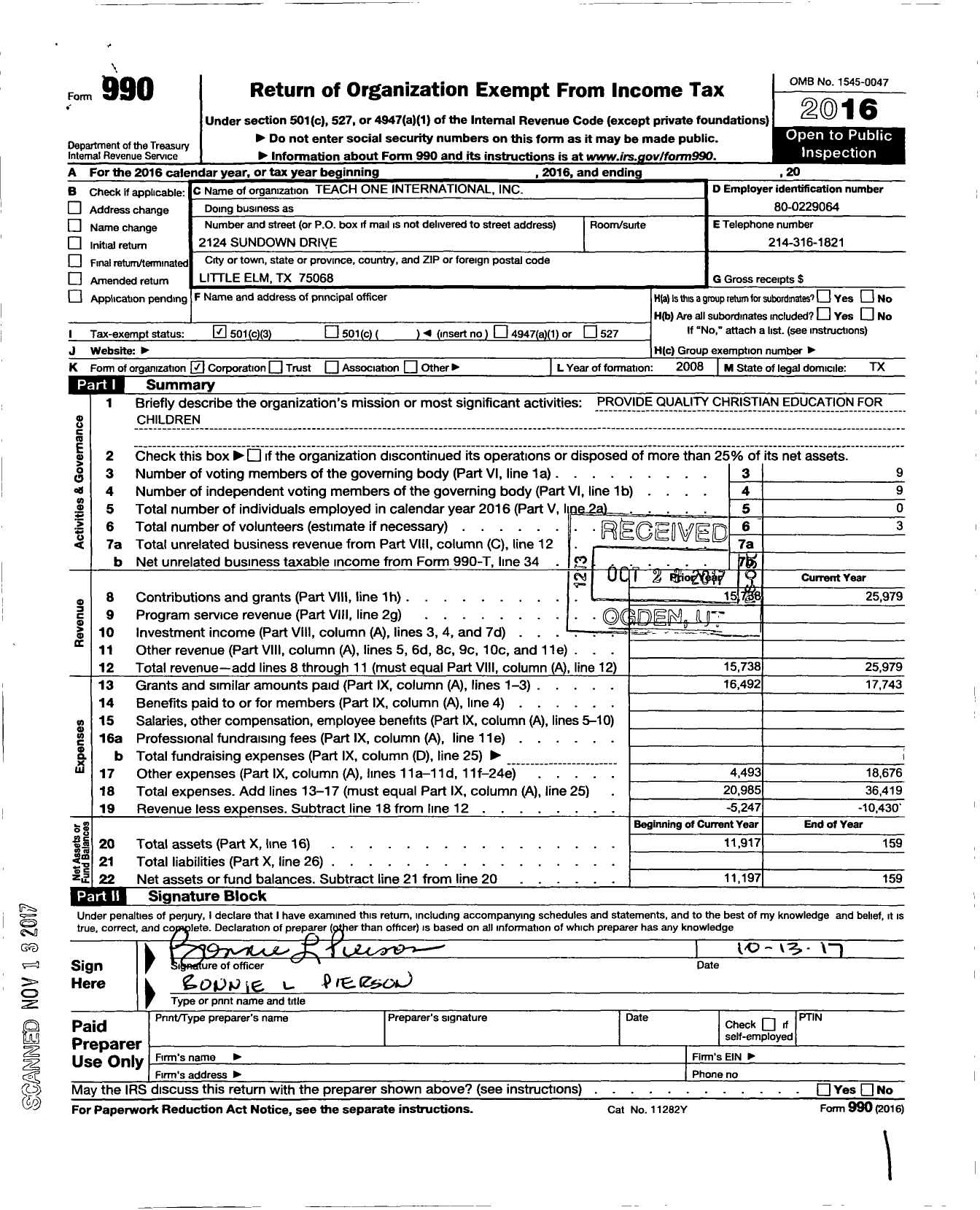 Image of first page of 2016 Form 990 for Teach One International