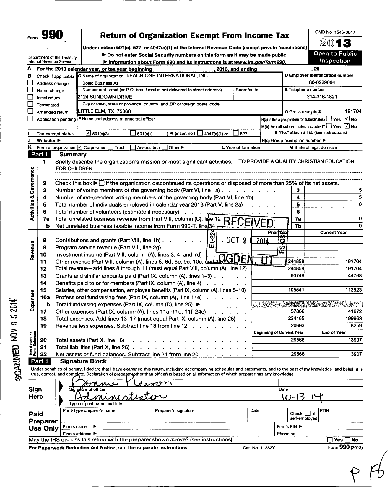 Image of first page of 2013 Form 990 for Teach One International