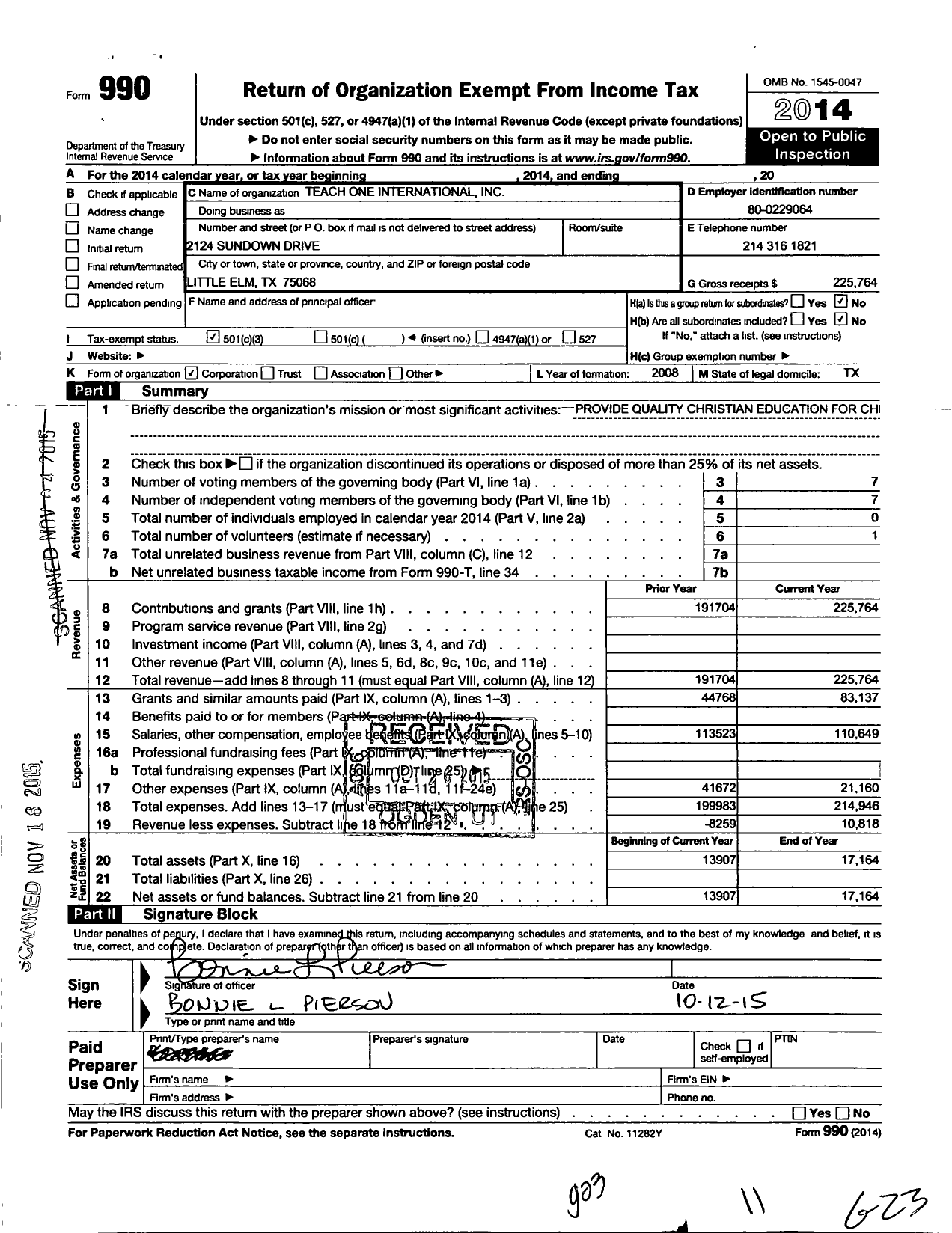 Image of first page of 2014 Form 990 for Teach One International