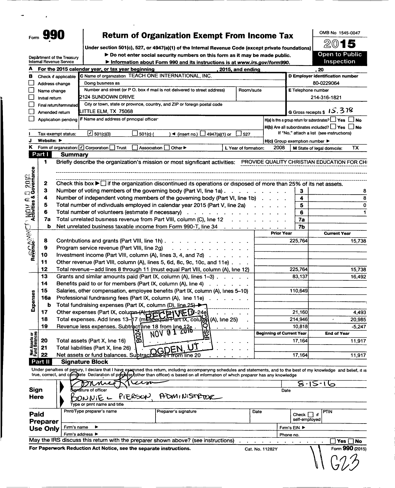 Image of first page of 2015 Form 990 for Teach One International