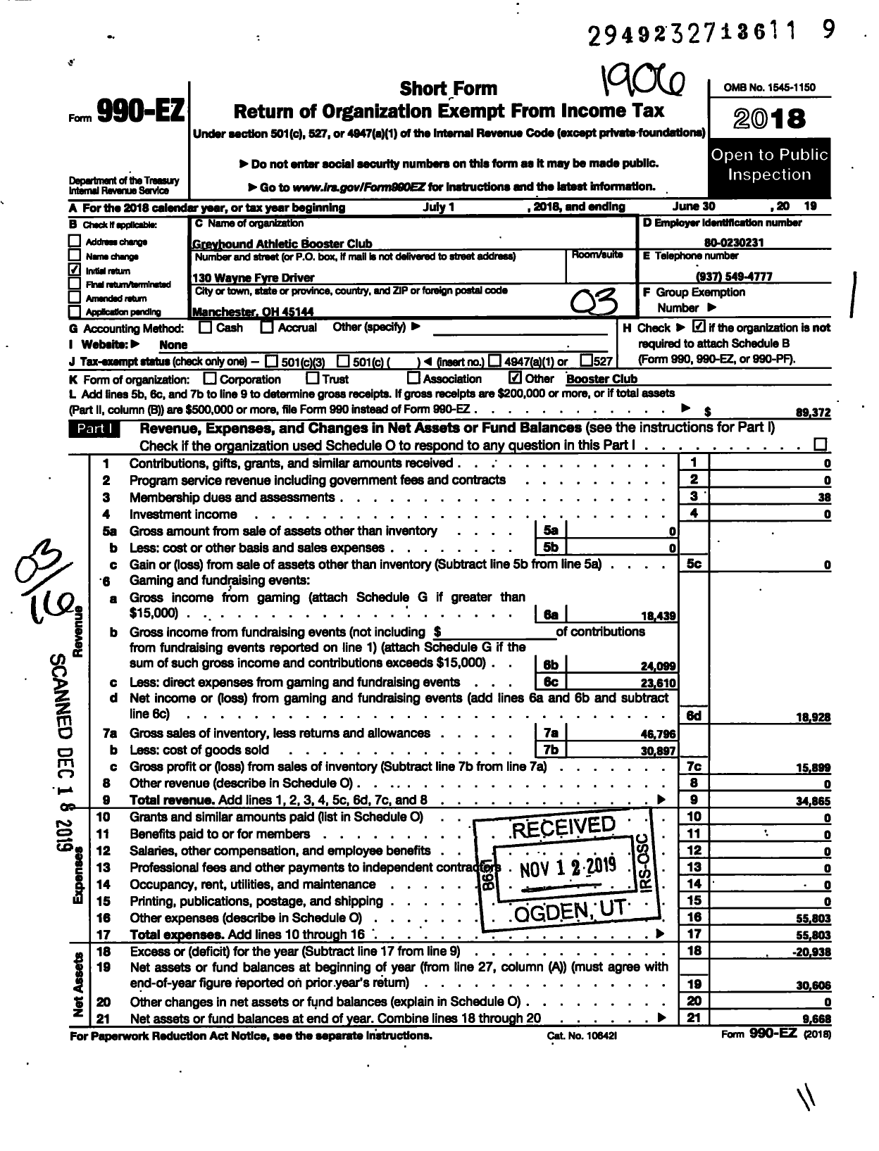 Image of first page of 2018 Form 990EZ for Greyhound Athletic Booster Club