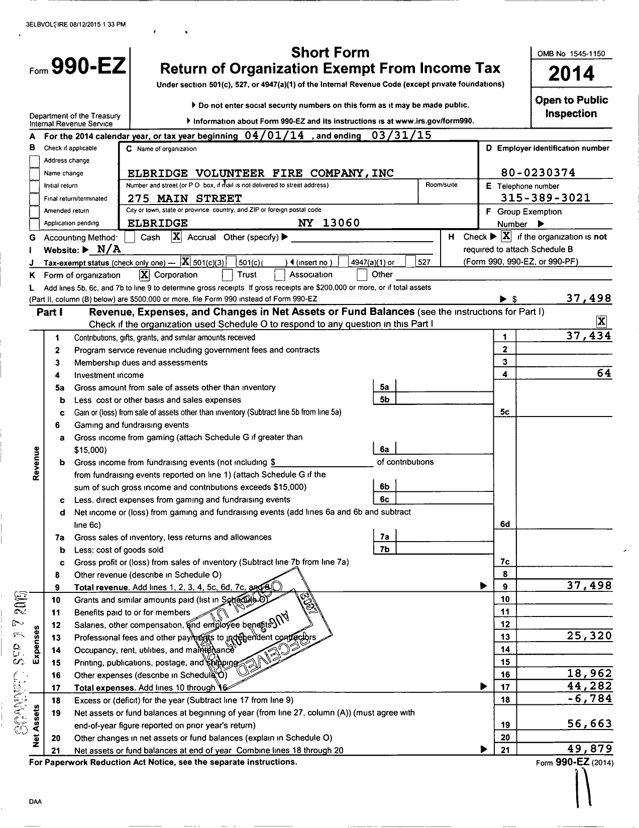 Image of first page of 2014 Form 990EZ for Elbridge Volunteer Fire Company