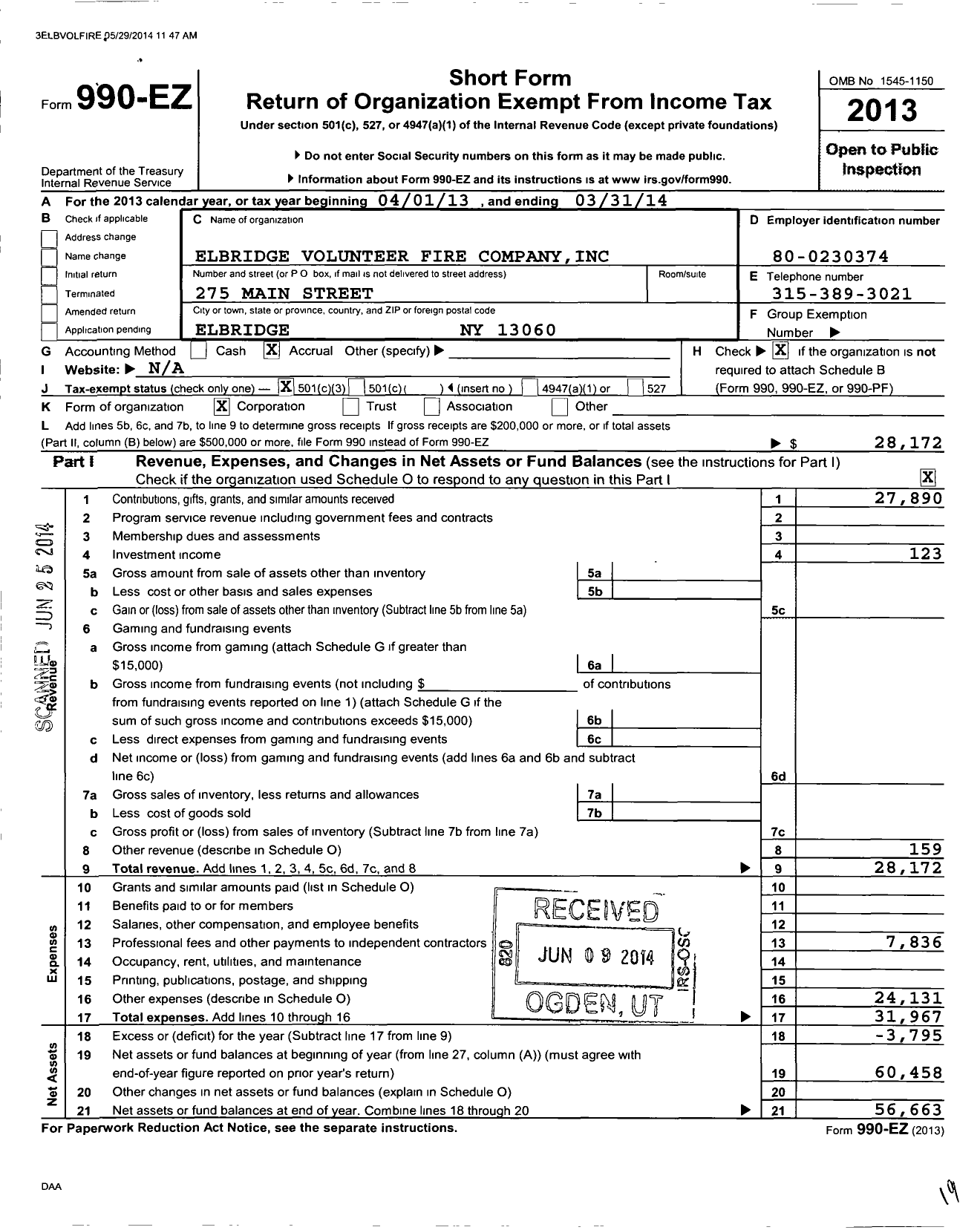 Image of first page of 2013 Form 990EZ for Elbridge Volunteer Fire Company