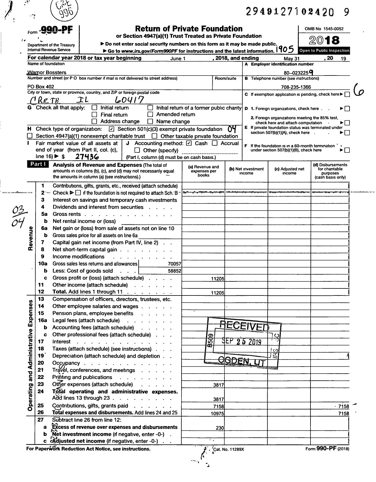 Image of first page of 2018 Form 990PF for Warrior Boosters