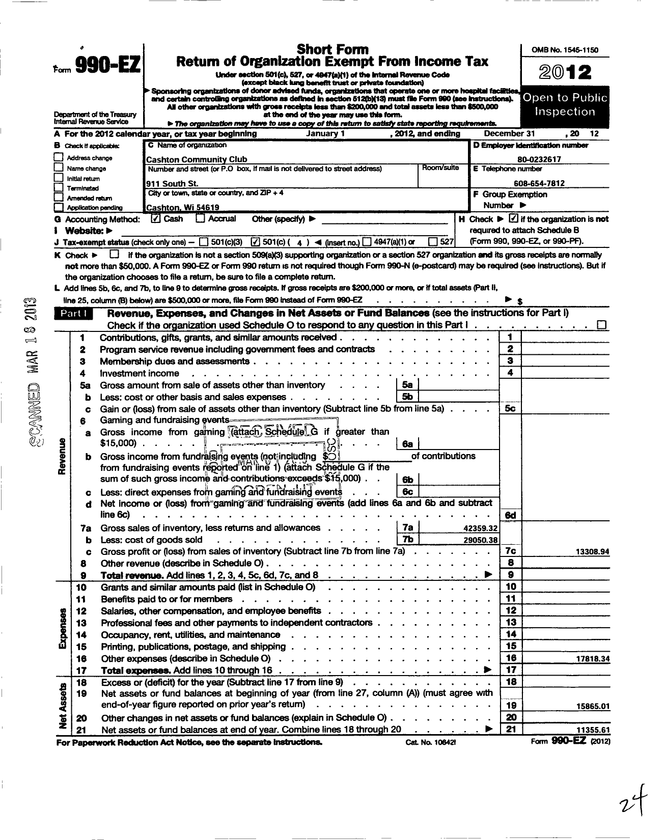 Image of first page of 2012 Form 990EO for Cashton Commumity Club