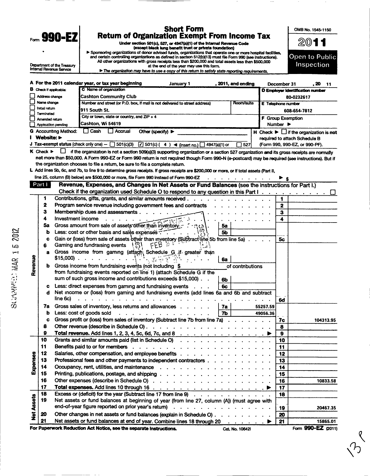 Image of first page of 2011 Form 990EO for Cashton Commumity Club