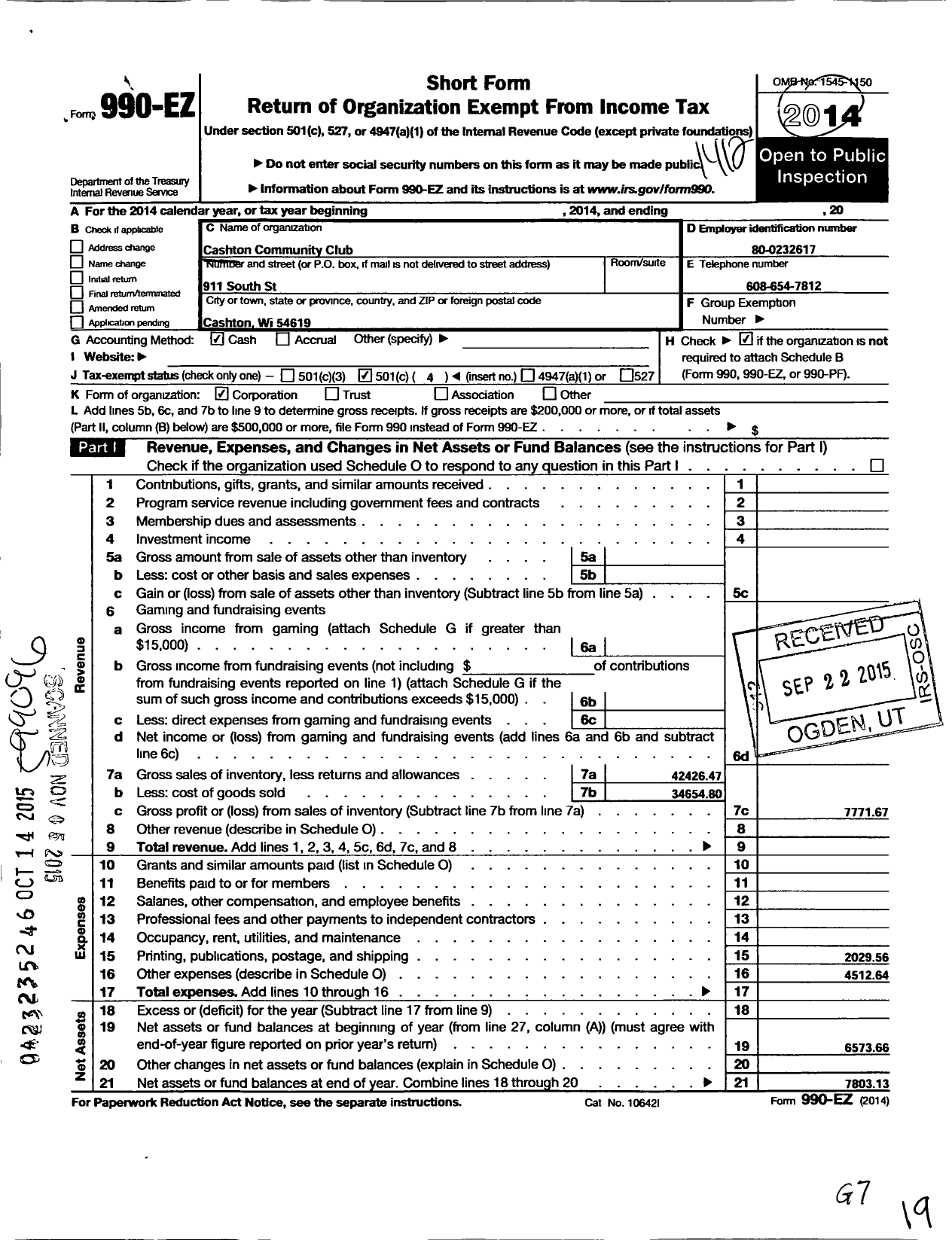 Image of first page of 2014 Form 990EO for Cashton Commumity Club