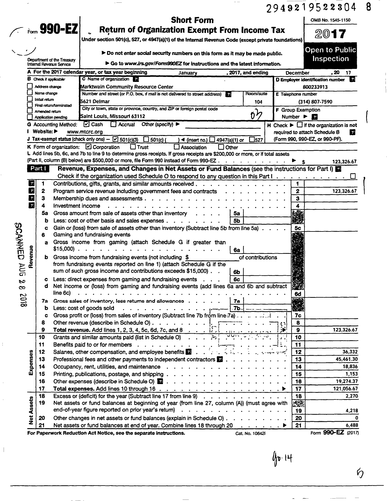 Image of first page of 2017 Form 990EZ for Mark Twain Community Resource Center (MTCRC)