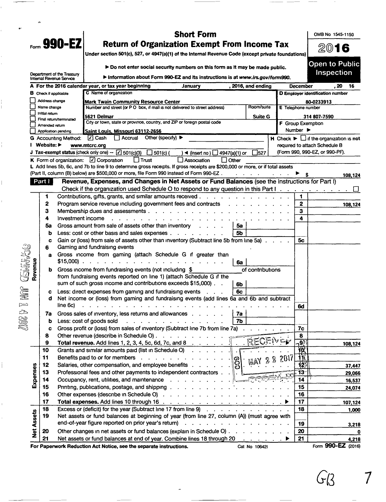 Image of first page of 2016 Form 990EZ for Mark Twain Community Resource Center (MTCRC)