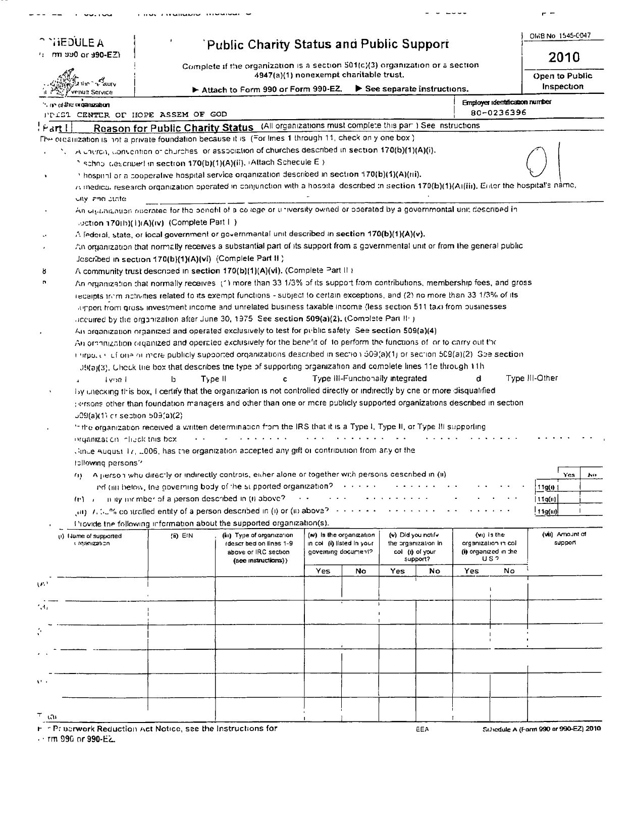Image of first page of 2010 Form 990R for Christ Center of Hope Assem of God