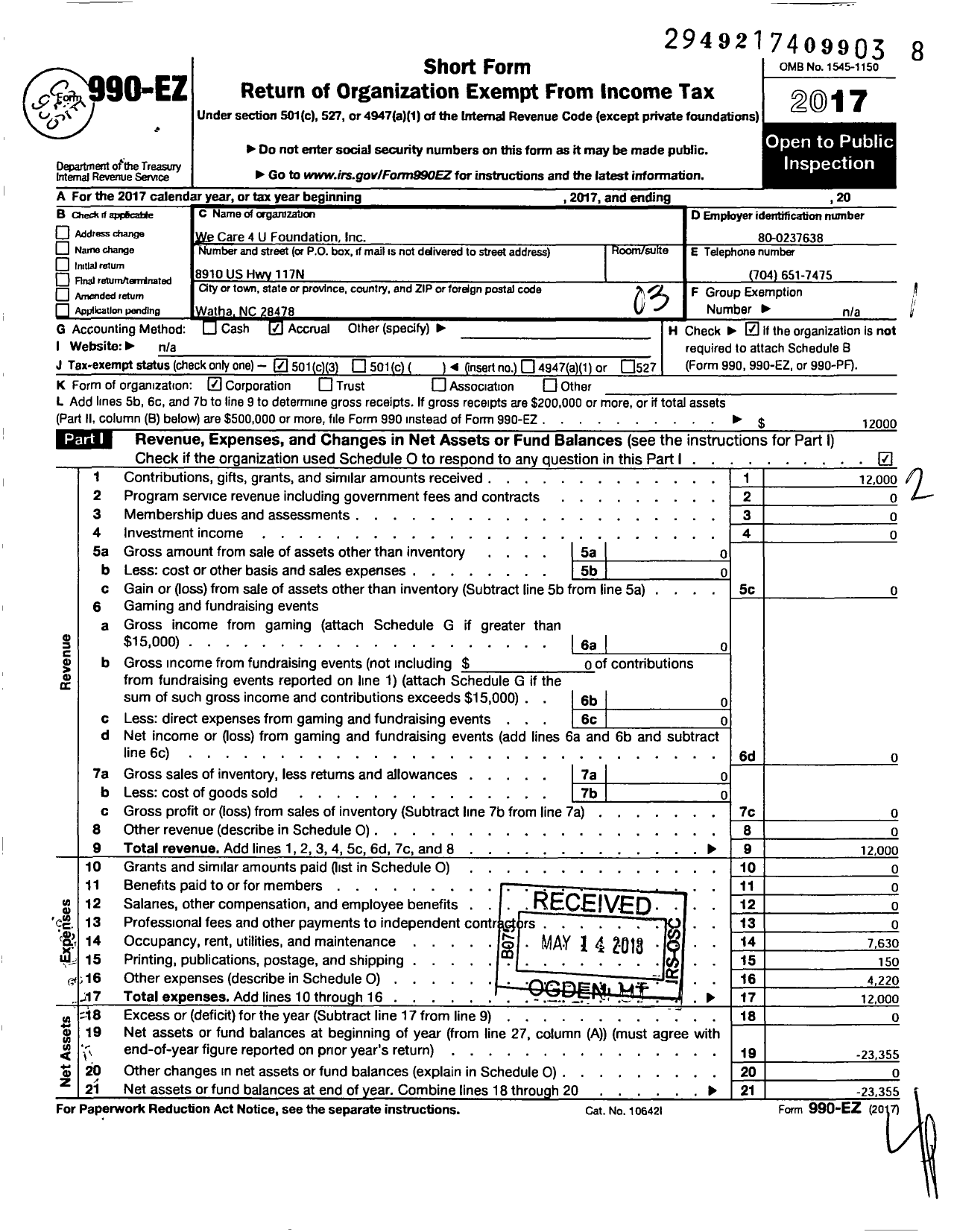 Image of first page of 2017 Form 990EZ for We Care 4 U Foundation