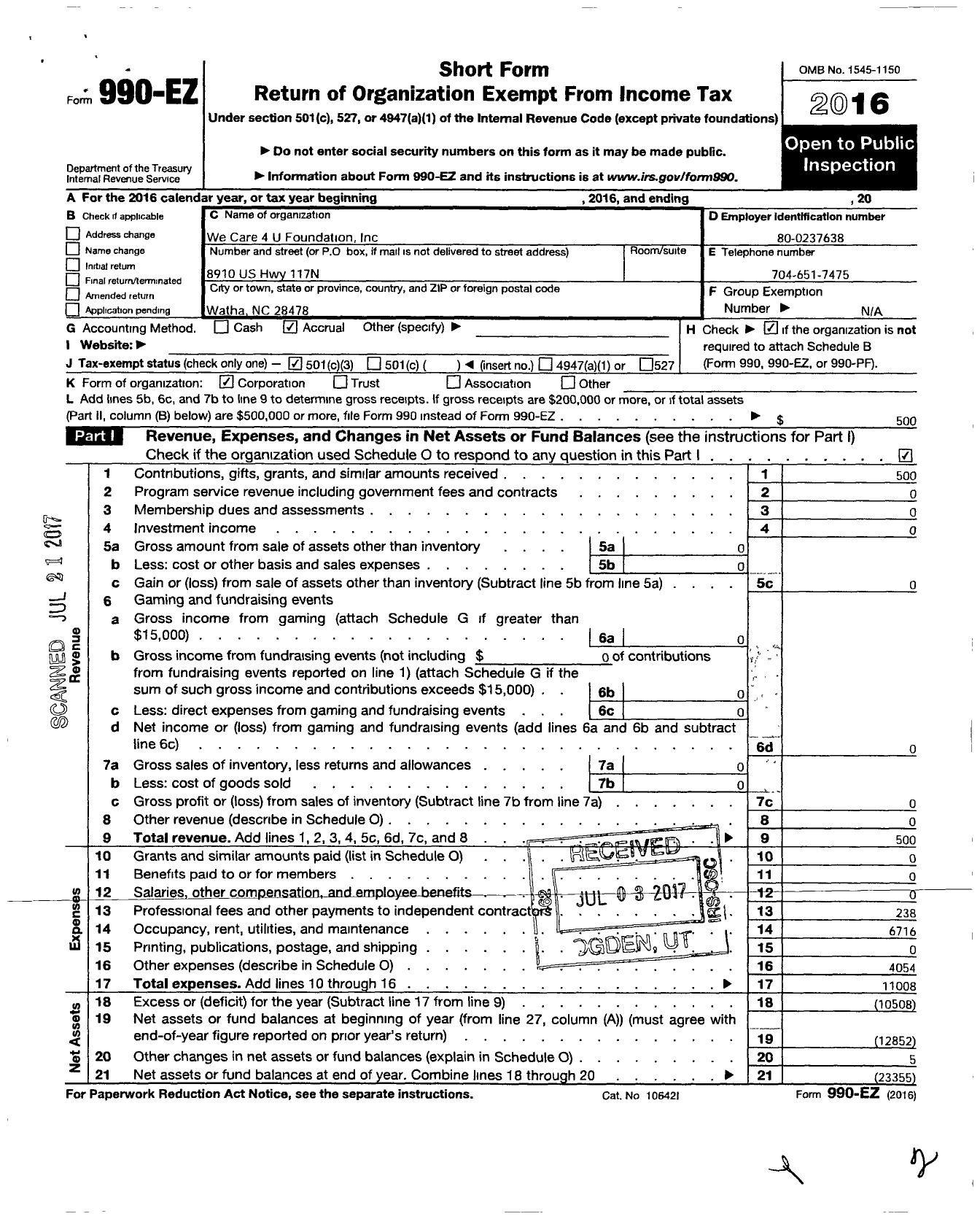 Image of first page of 2016 Form 990EZ for We Care 4 U Foundation