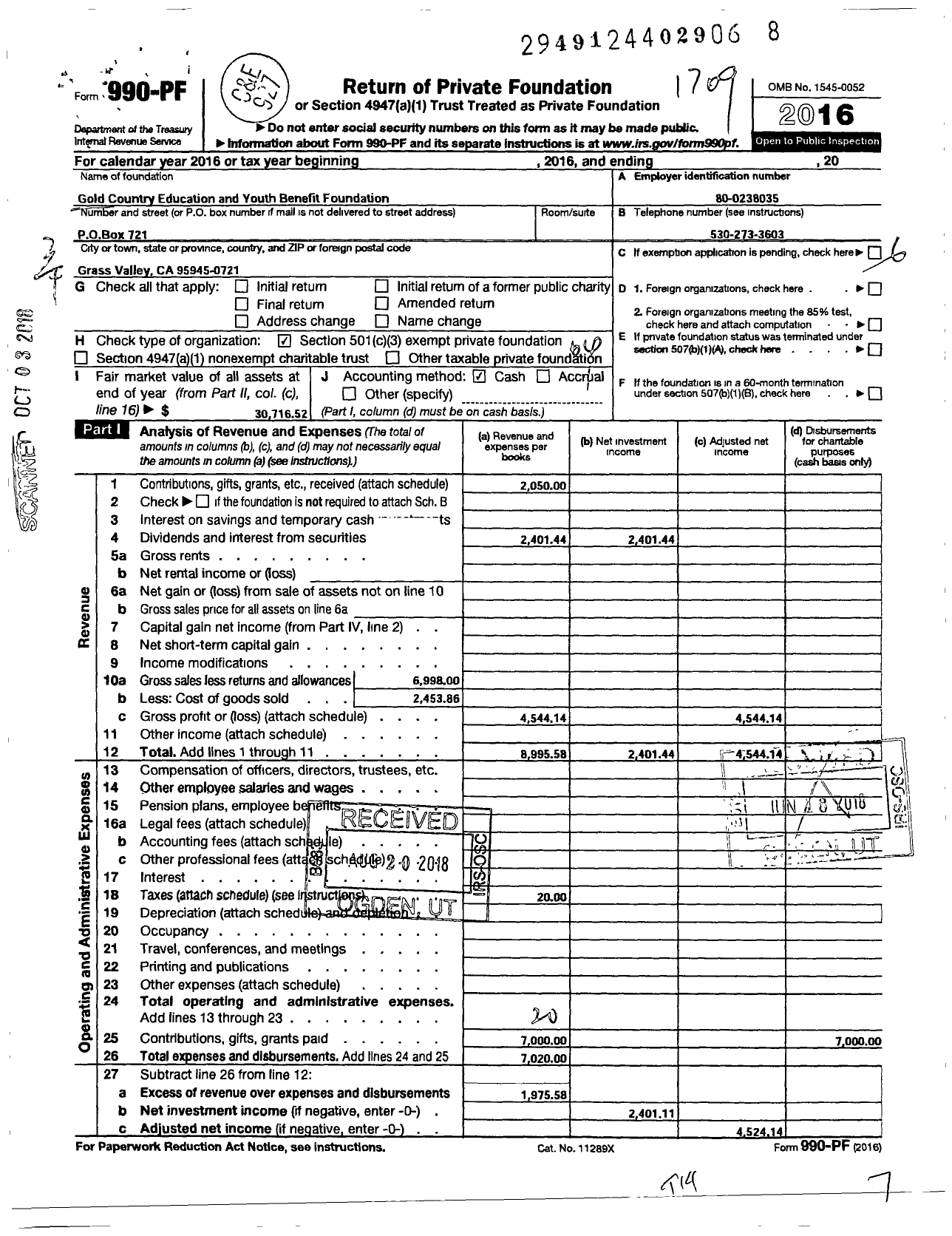 Image of first page of 2016 Form 990PF for Gold Country Education and Youth Benefit Foundation