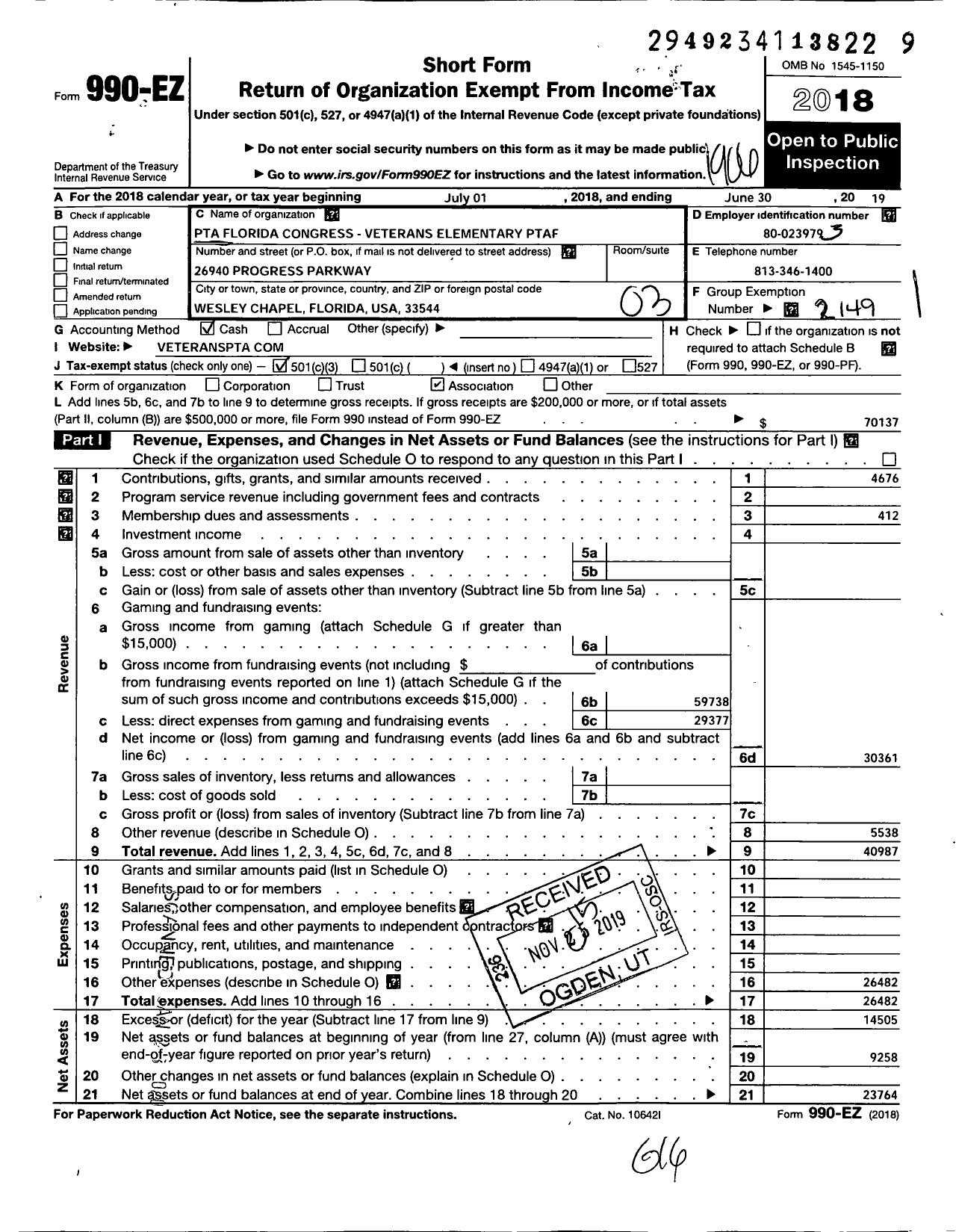 Image of first page of 2018 Form 990EZ for PTA Florida Congress - Veterans Elementary PTA