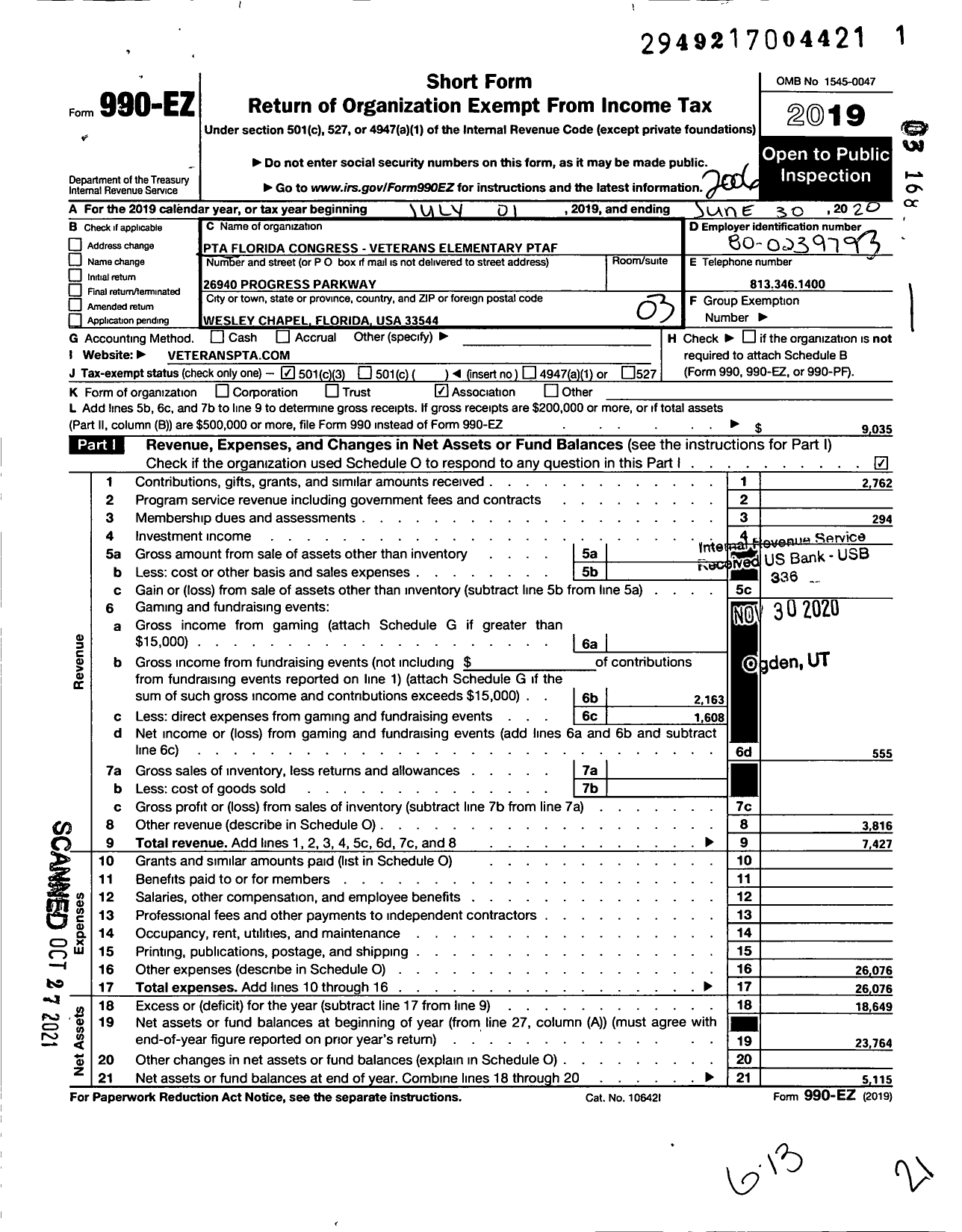 Image of first page of 2019 Form 990EZ for PTA Florida Congress - Veterans Elementary PTA