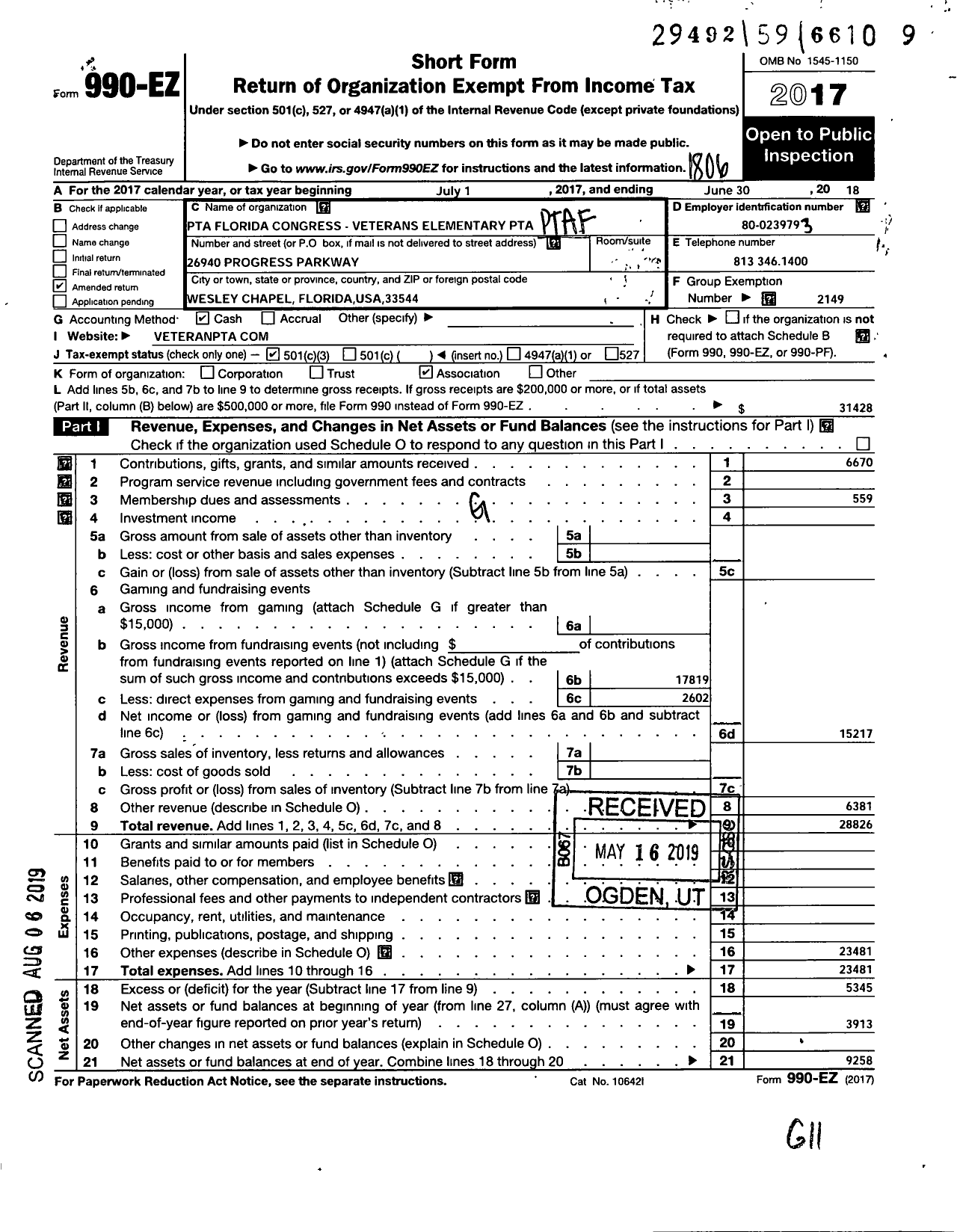 Image of first page of 2017 Form 990EZ for PTA Florida Congress - Veterans Elementary PTA