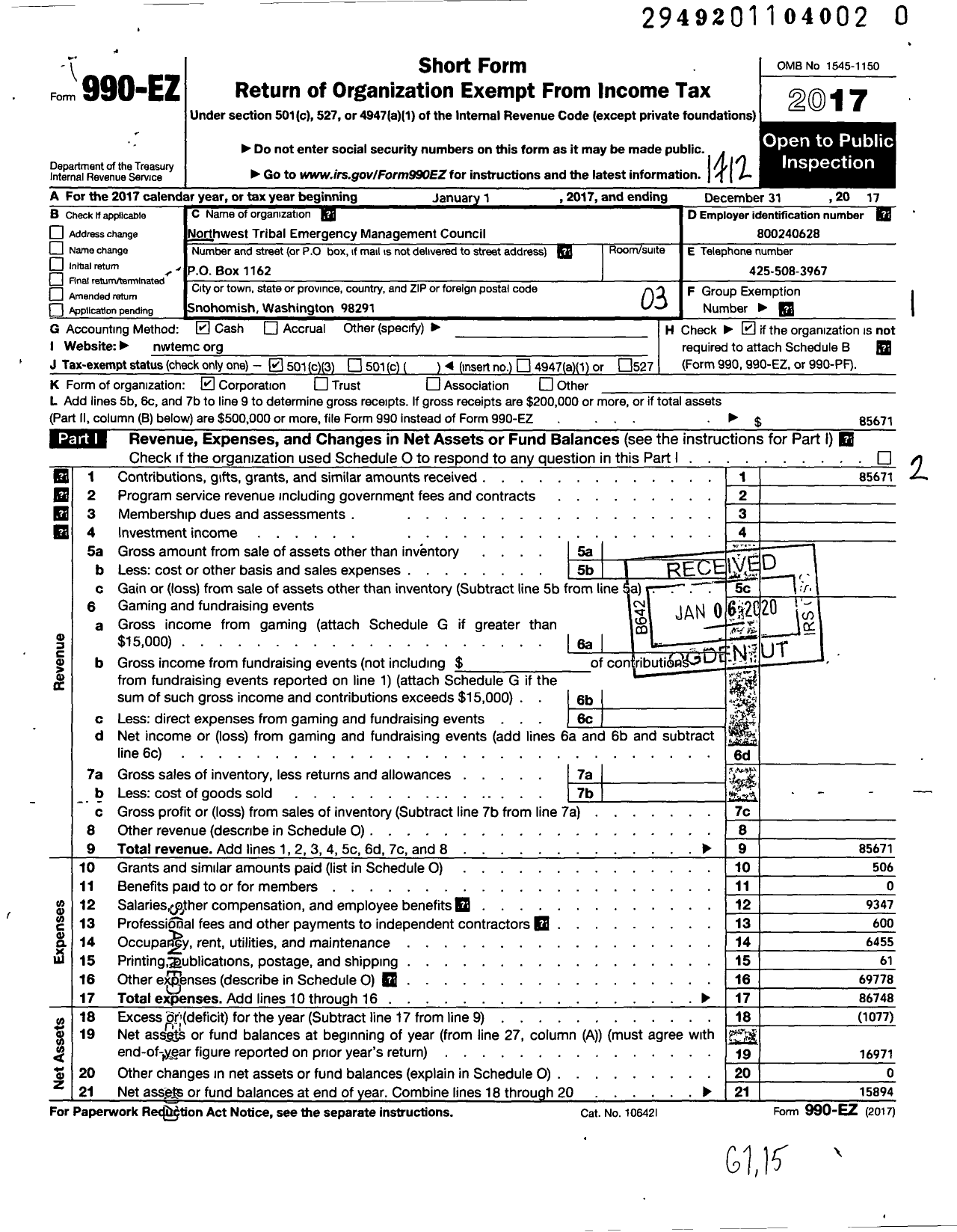 Image of first page of 2017 Form 990EZ for National Tribal Emergency Management Council (NWTEMC)