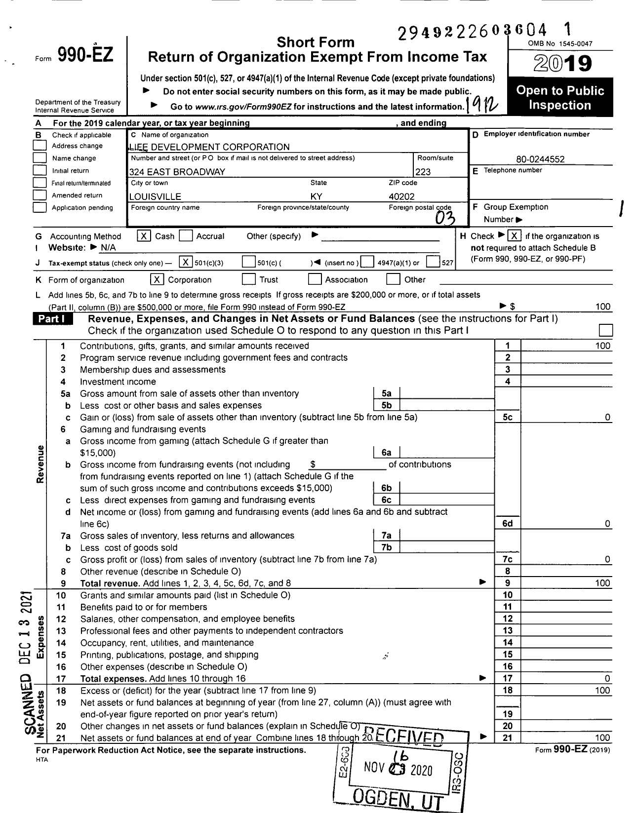 Image of first page of 2019 Form 990EZ for Life Development Corporation