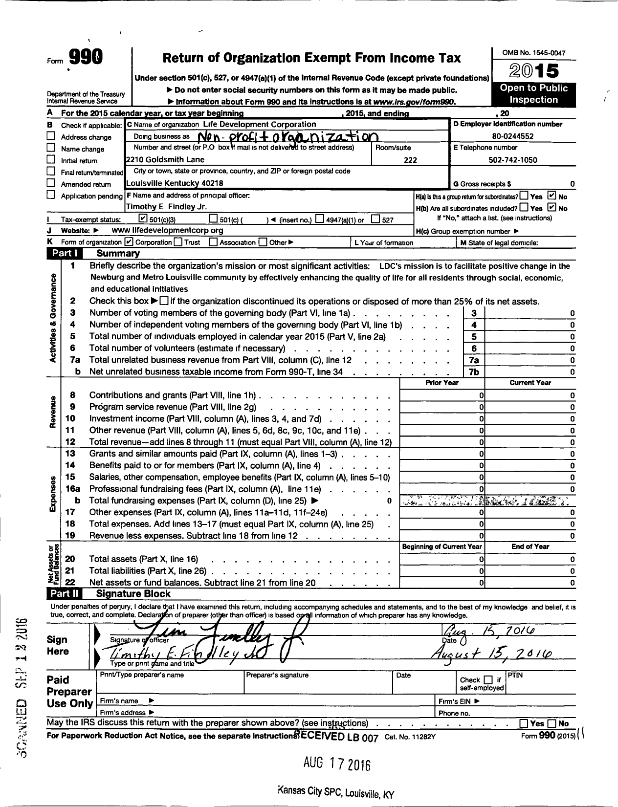 Image of first page of 2015 Form 990 for Life Development Corporation