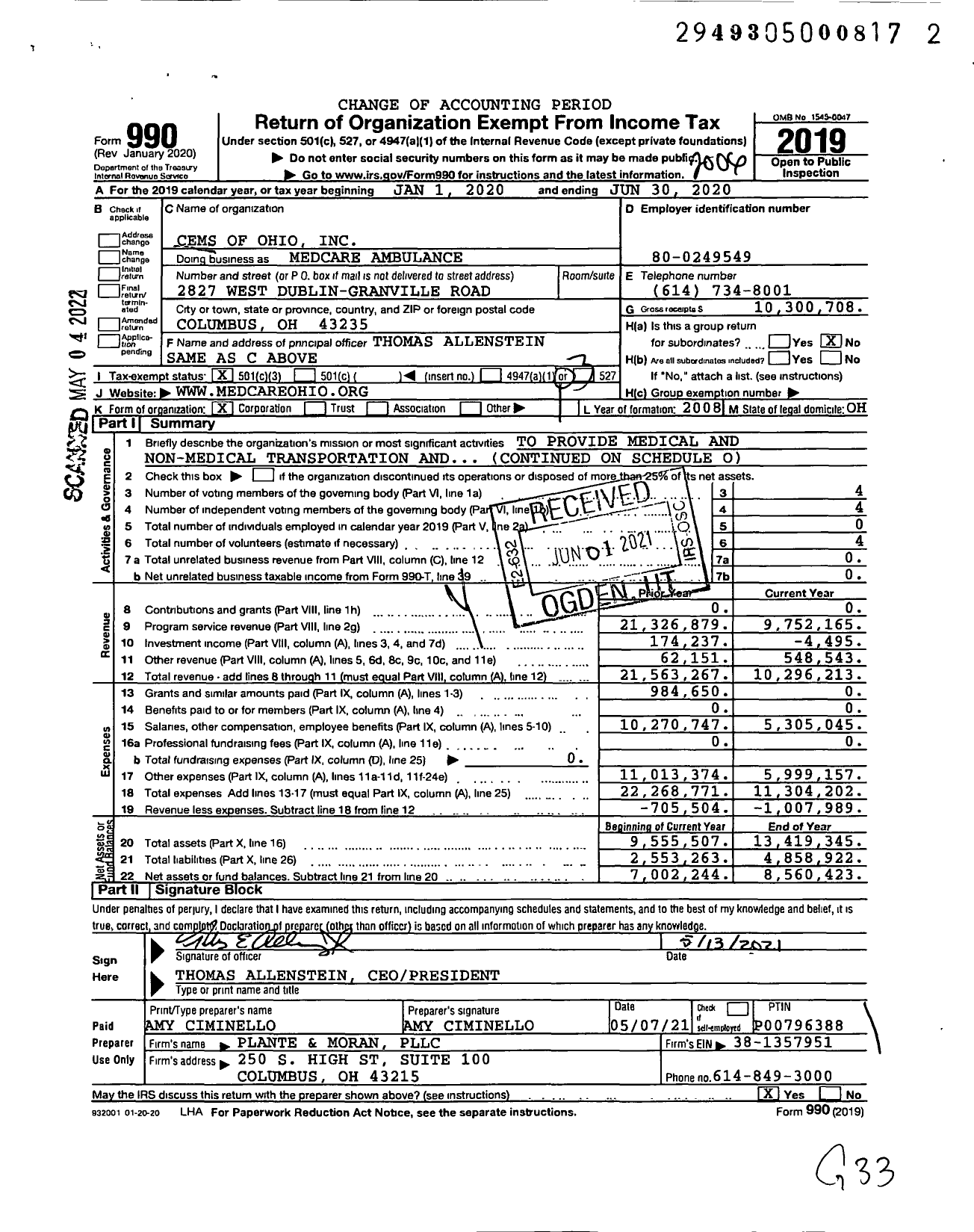 Image of first page of 2019 Form 990 for MedCare Ambulance
